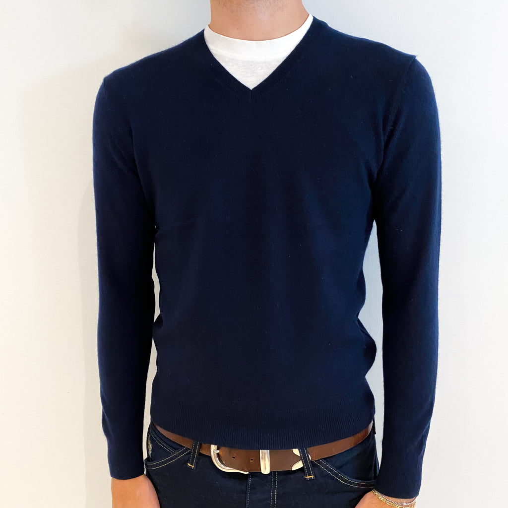 Men's Navy Blue Cashmere V-Neck Jumper Medium