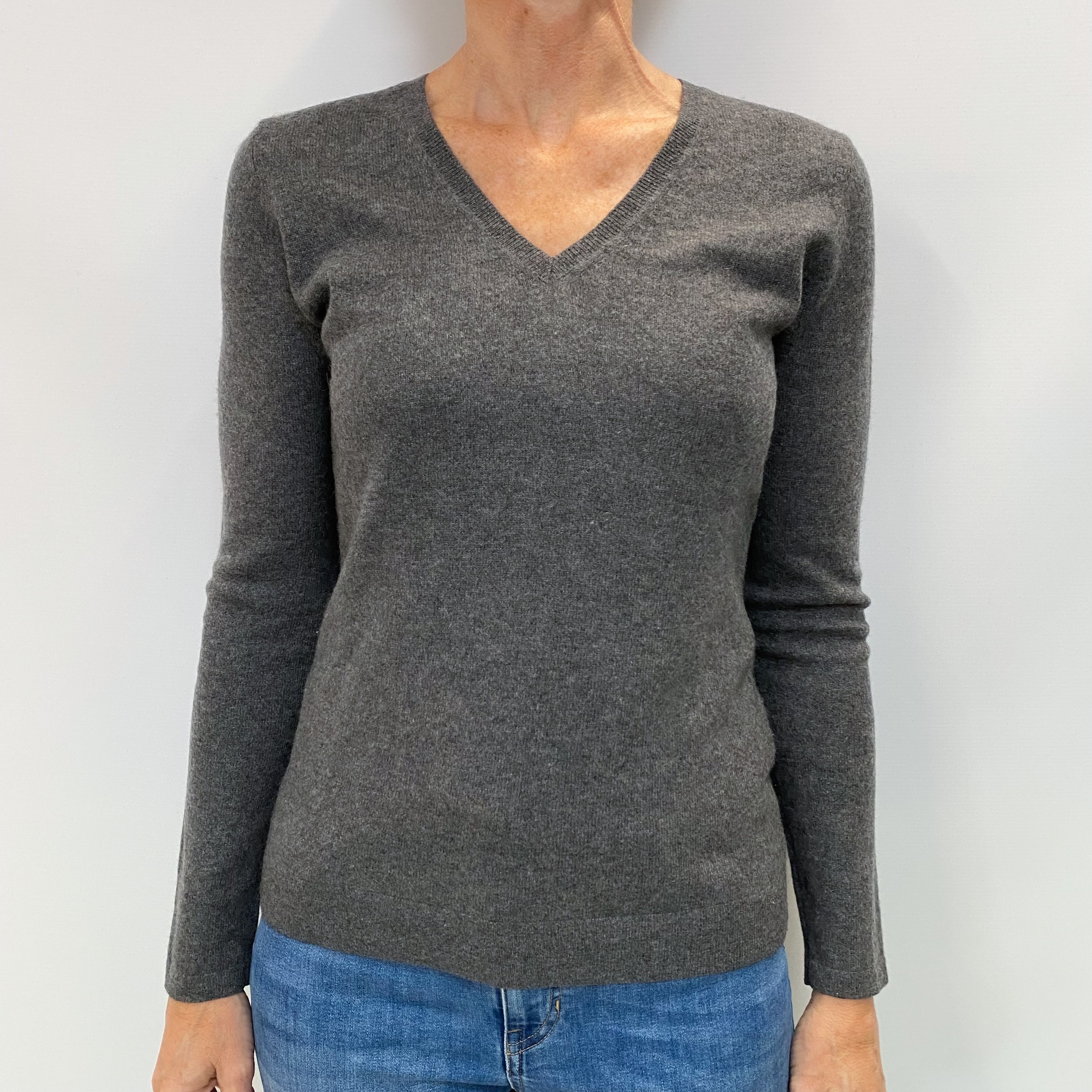 Slate Grey Cashmere V Neck Jumper Small