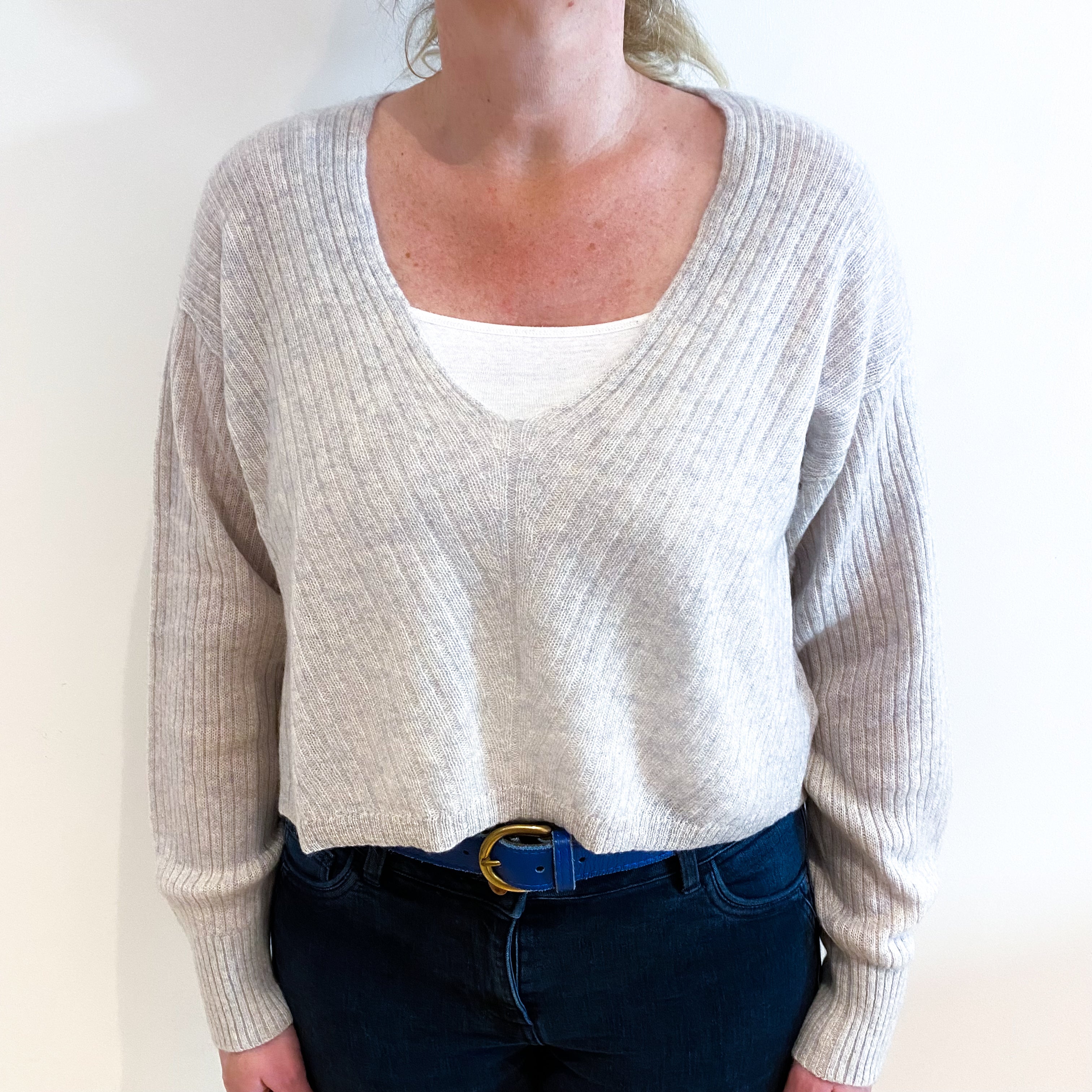 Frost Grey Cashmere V Neck Jumper Large