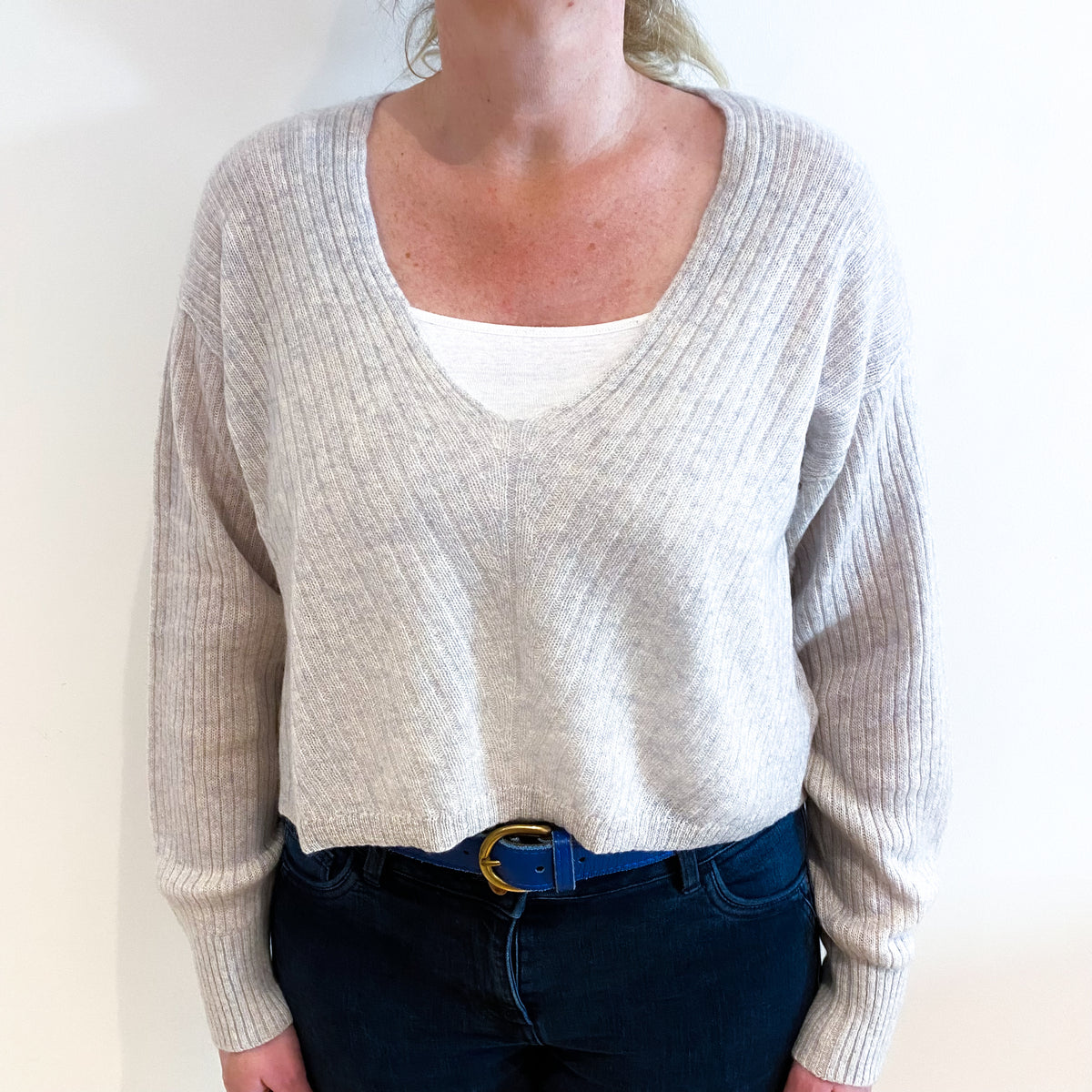 Frost Grey Cashmere V Neck Jumper Large