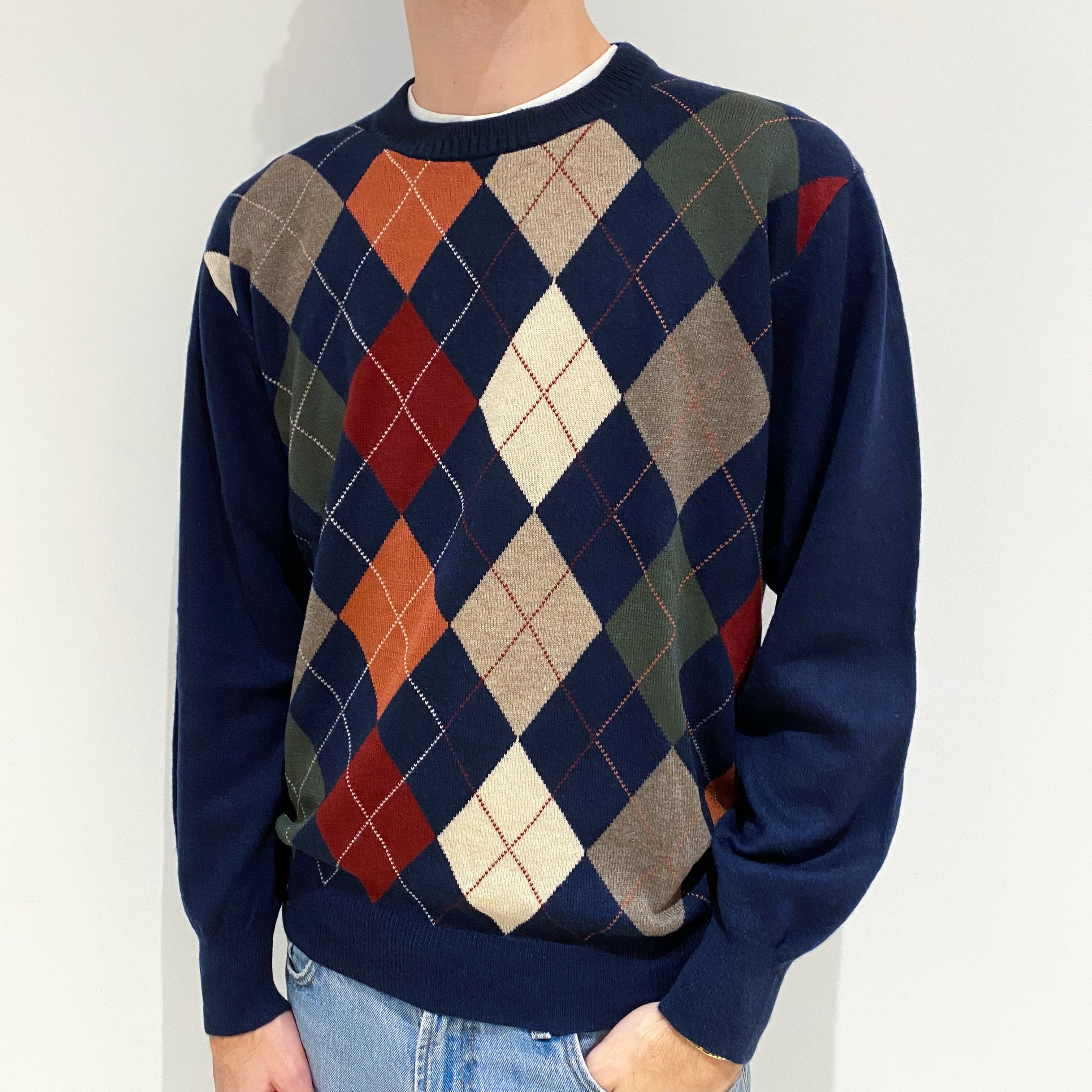 Men's Navy Colourful Diamond Cashmere Crew Neck Jumper Large