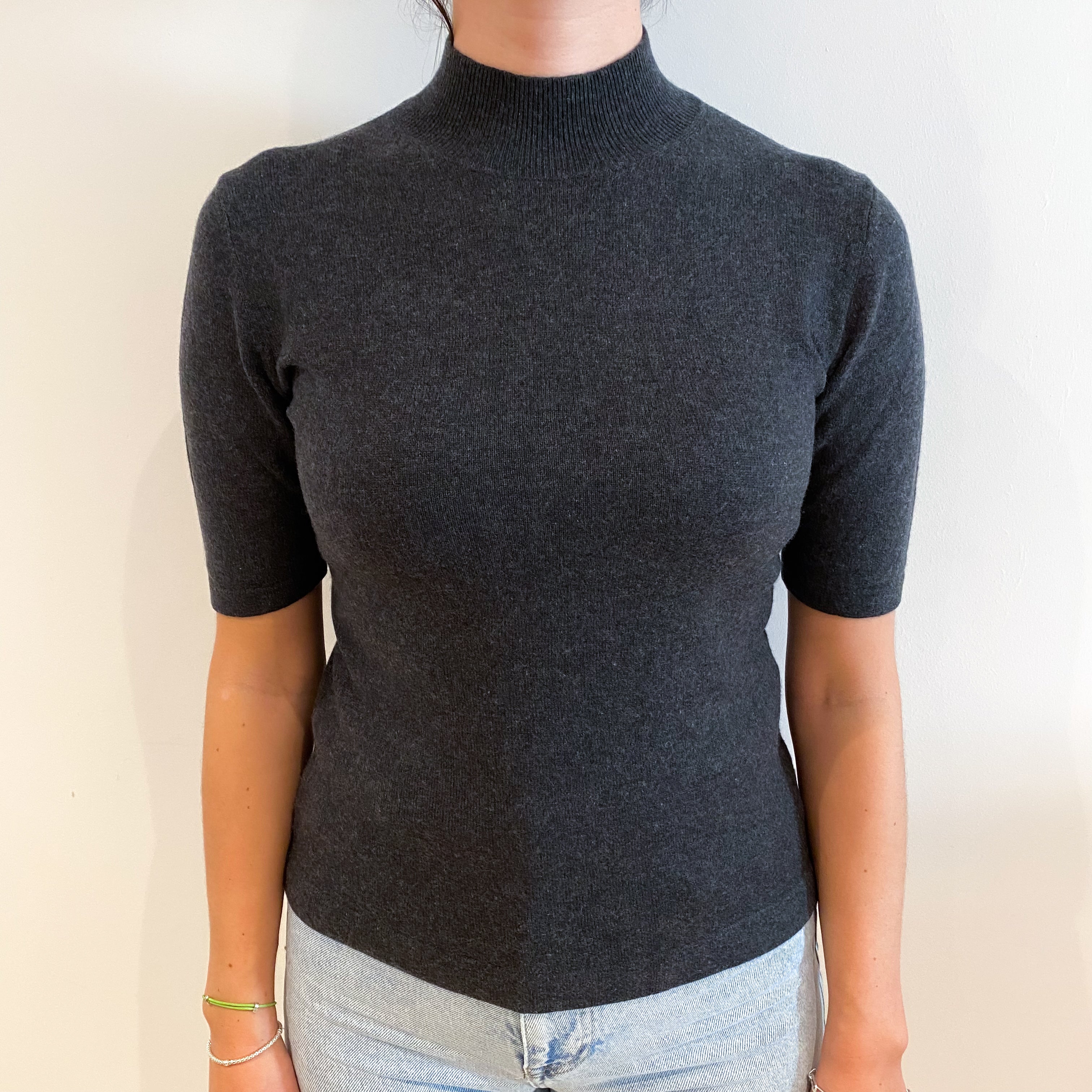 Charcoal Grey Cashmere Turtle Neck Short Sleeved Jumper Small