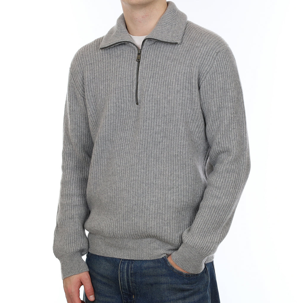 Men’s Brand New Scottish Smoke Grey Chunky Rib Cashmere 1/4 Zip Jumper Large