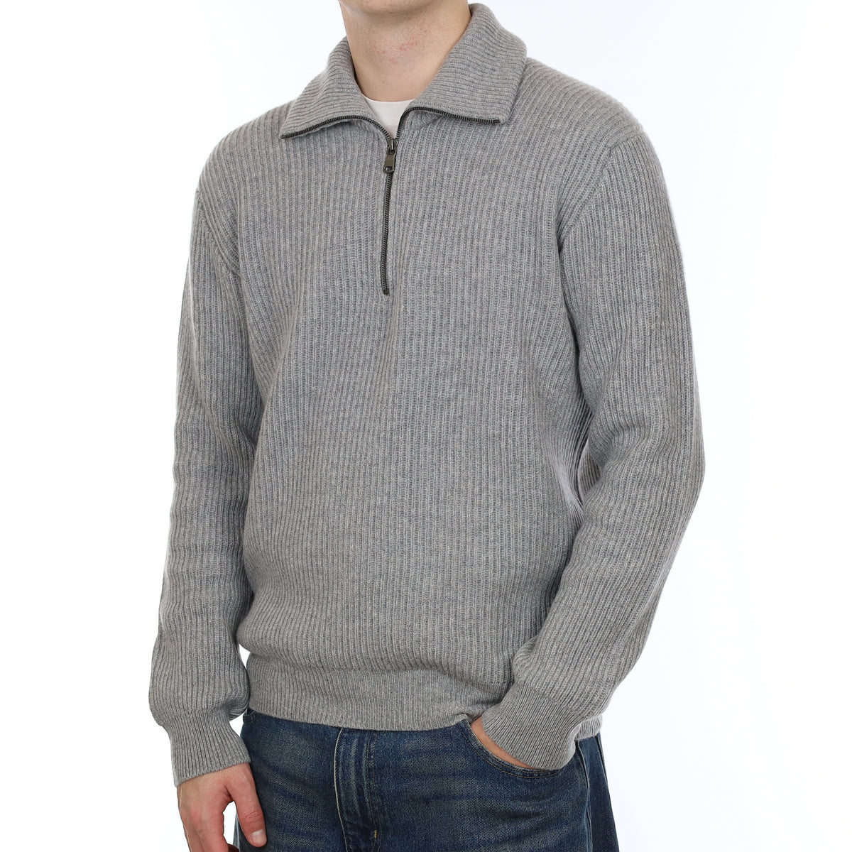 Men’s Brand New Scottish Smoke Grey Chunky Rib Cashmere 1/4 Zip Jumper Large
