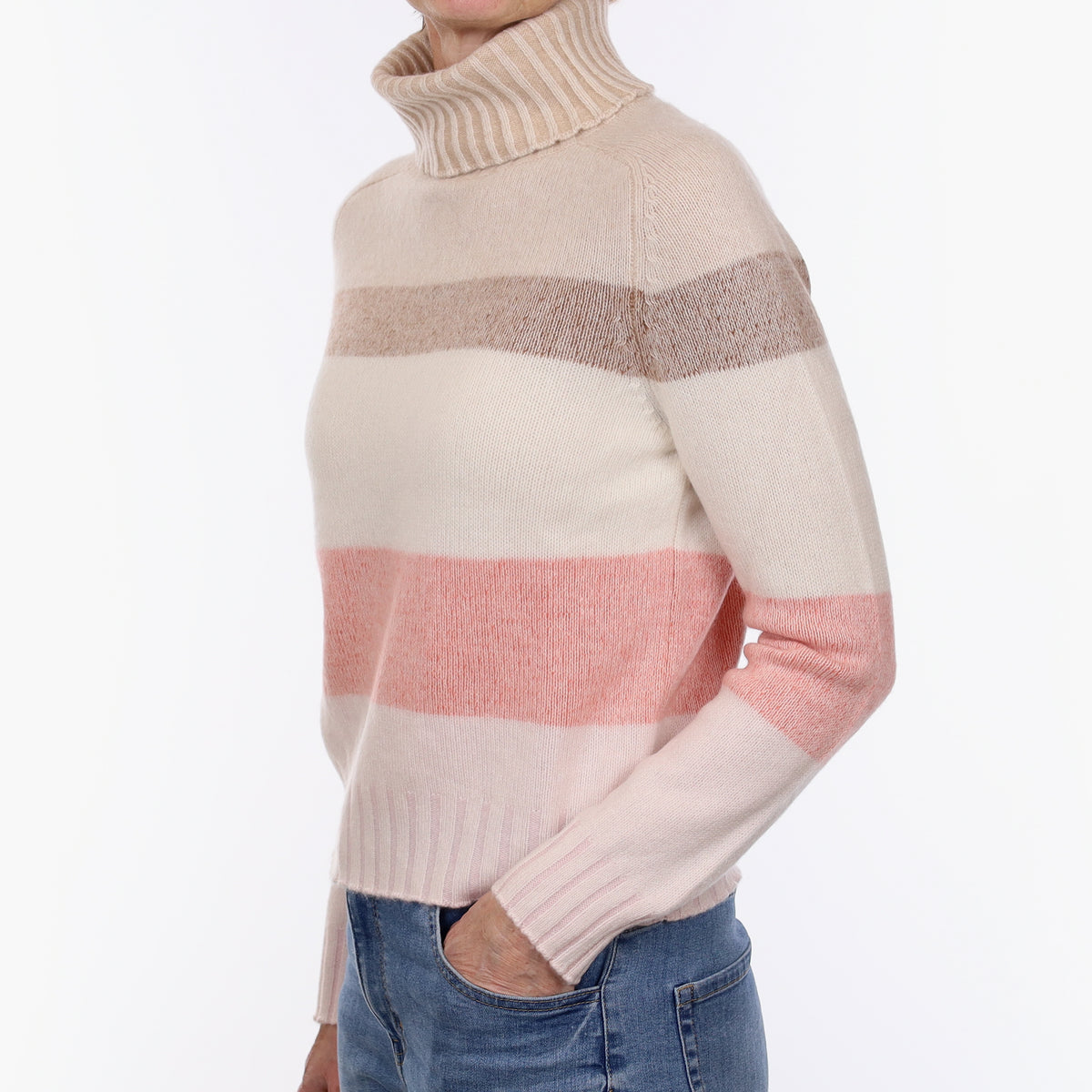 Neutral and Pink Striped Heavy Knit Cashmere Polo Neck Jumper Small