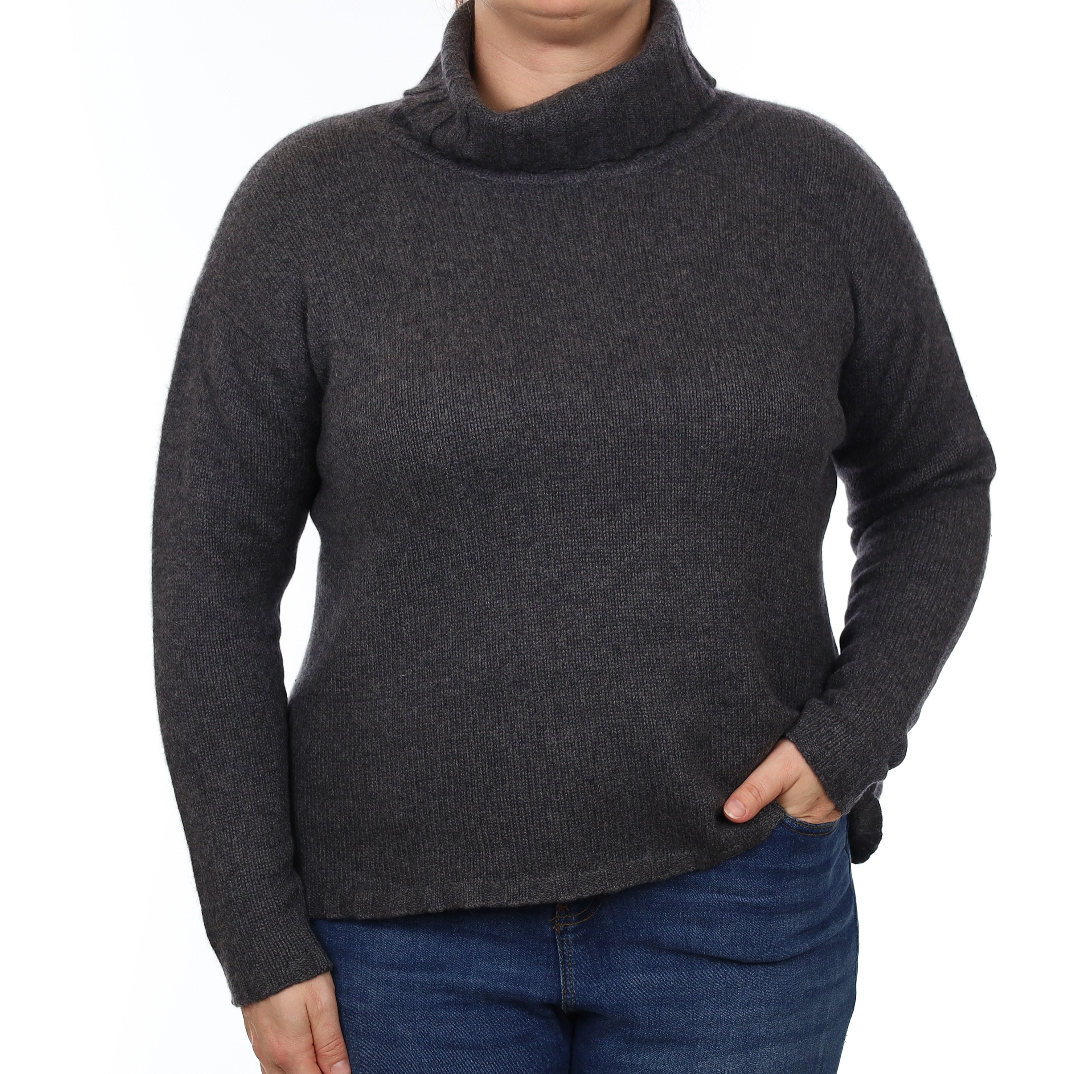Granite Grey Chunky Cashmere Boxy Polo Neck Jumper Large