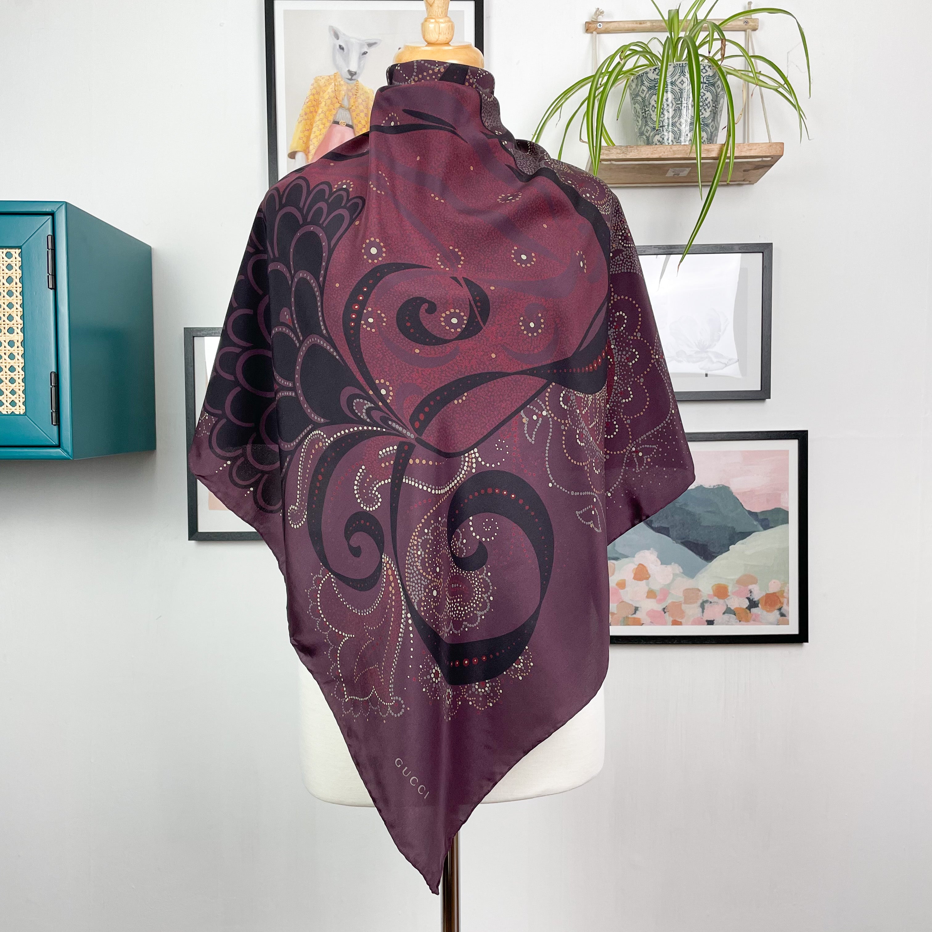 Gucci Aubergine Designer Vintage Silk Scarf