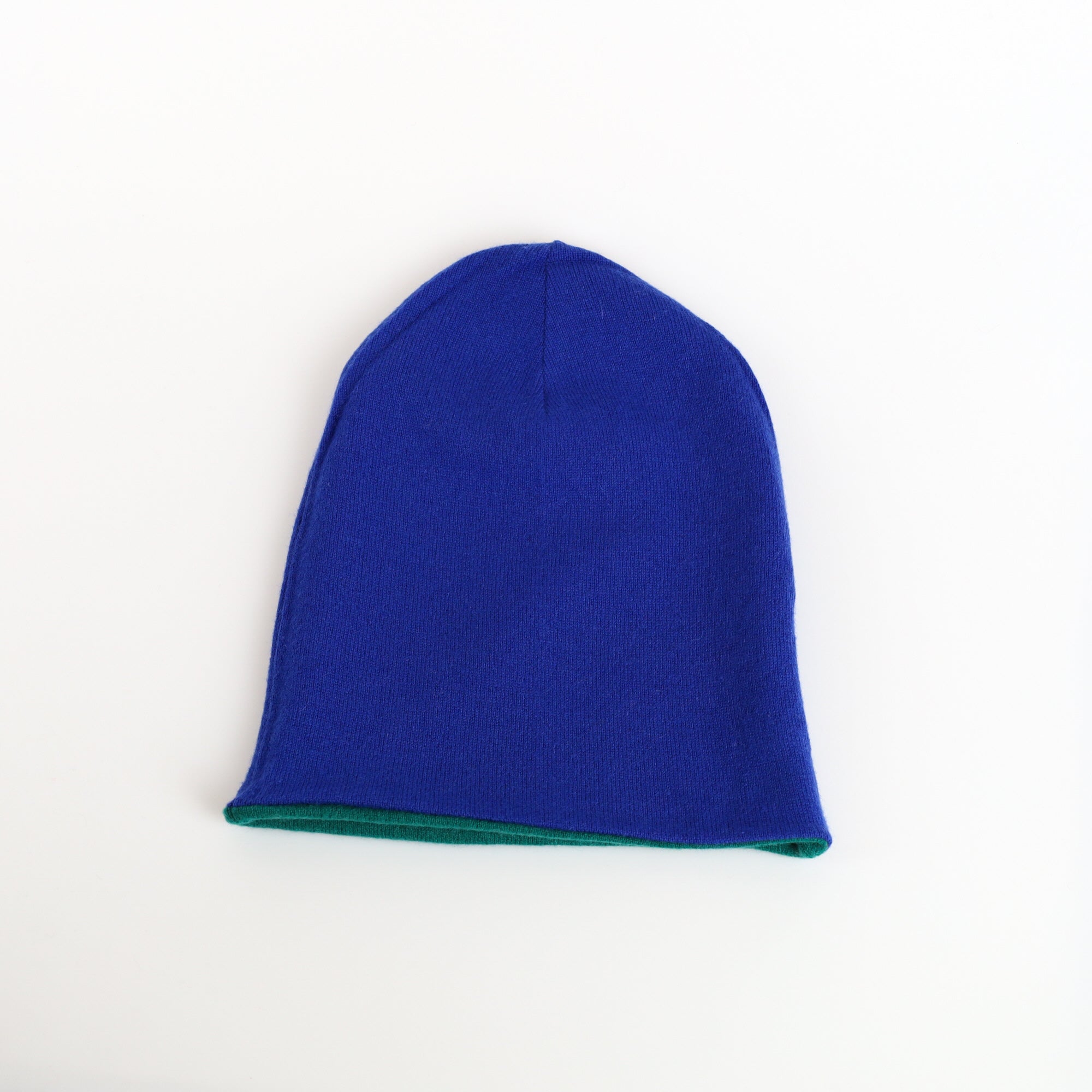 Azure Blue and Fern Green Cashmere Beanie Hat