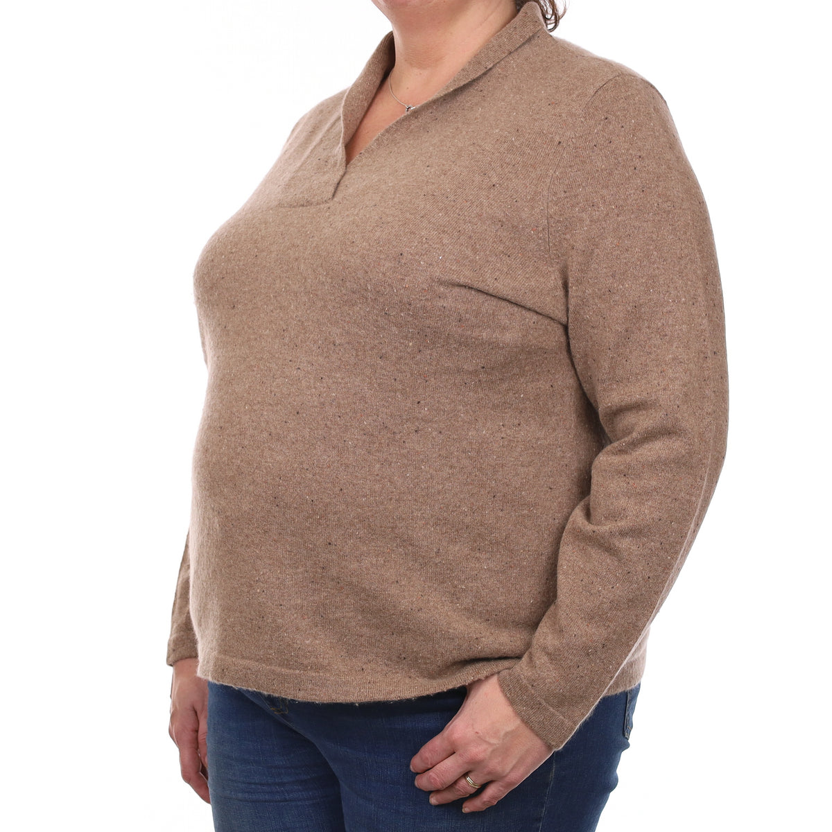 Taupe Brown Flecked Cashmere V Neck Jumper with Collar XXL
