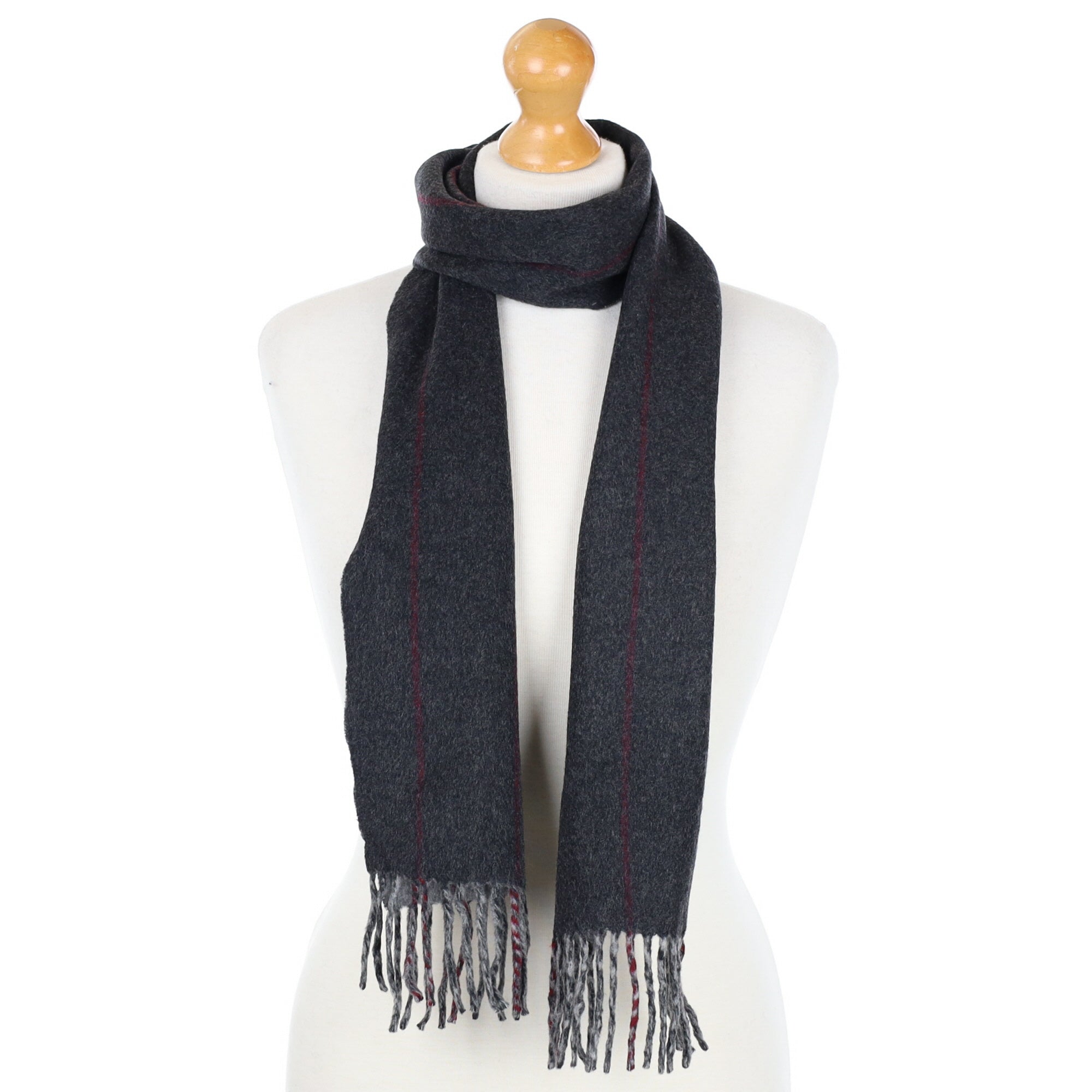 Charcoal Grey and Burgundy Cashmere Fringed Woven Scarf