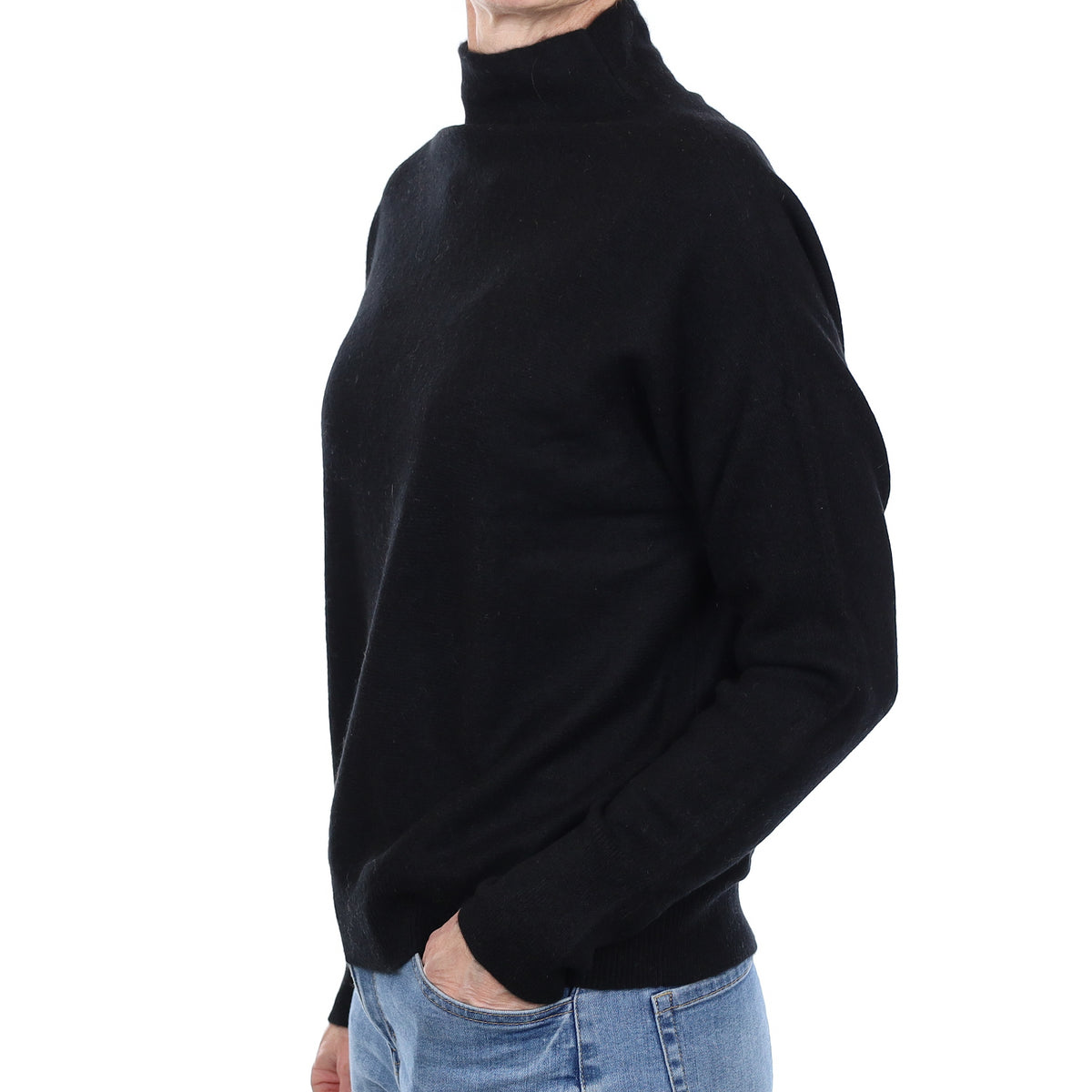 Black Cashmere Batwing Funnel Neck Jumper Small