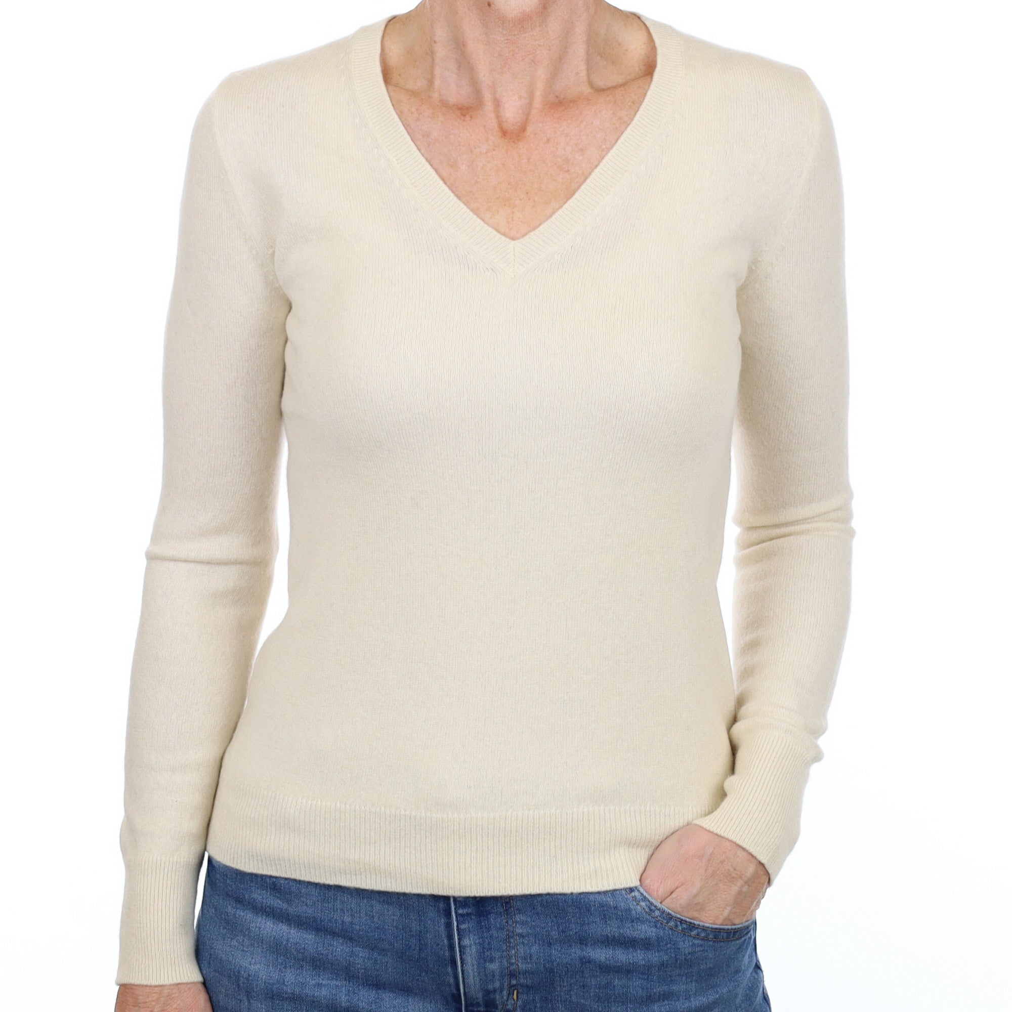 Vanilla Cream Cashmere V Neck Jumper Small