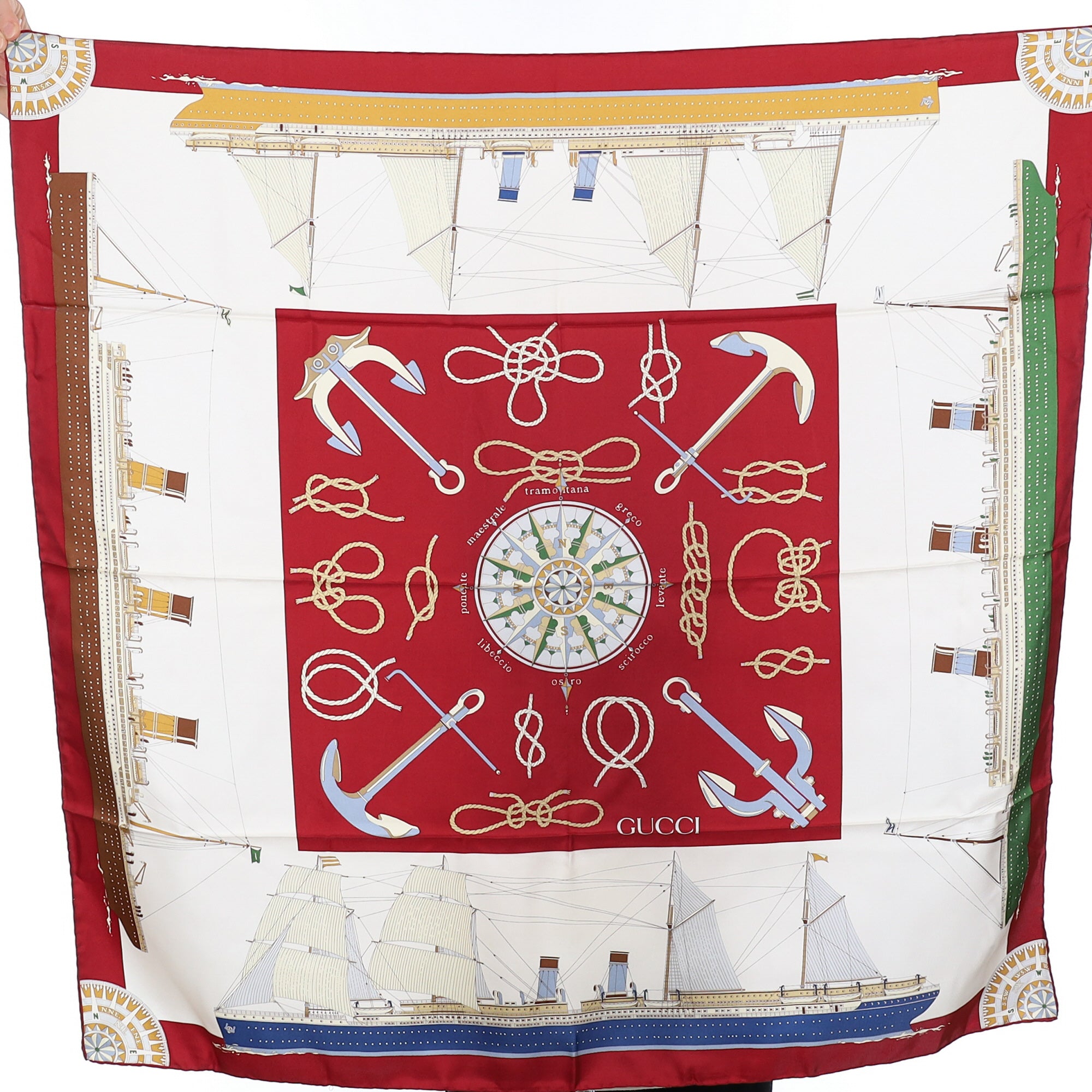 Brand New Gucci Red and White Nautical Vintage Silk Scarf