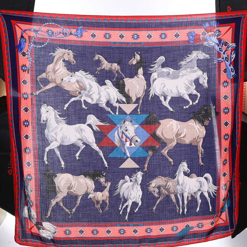 Hermès Les Chevaux Qataris 140 Cashmere and Silk Shawl
