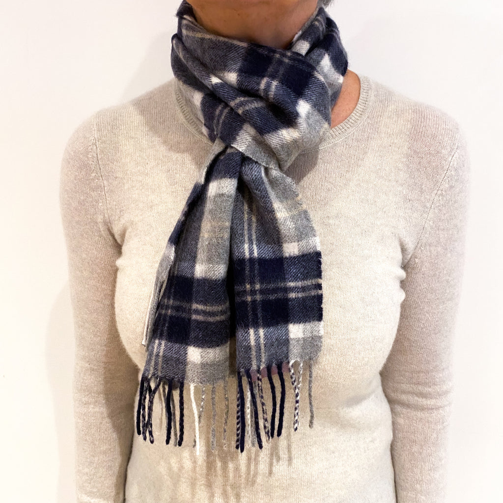 Midnight Blue Checked Cashmere Woven Fringed Scarf
