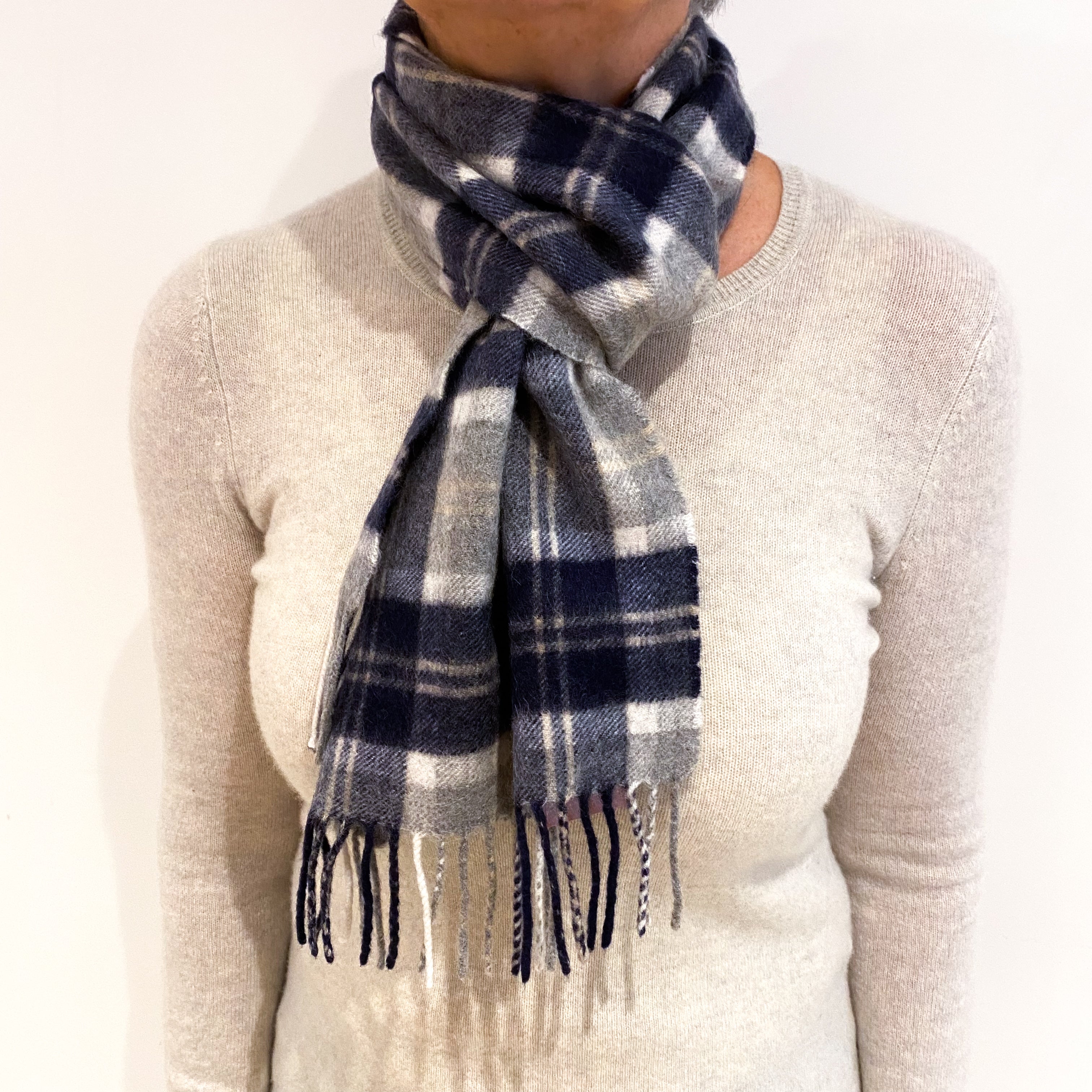 Midnight Blue Checked Cashmere Woven Fringed Scarf