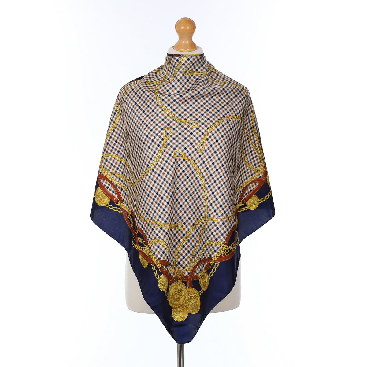 Aquascutum Gold Chain Checked Vintage Silk Scarf