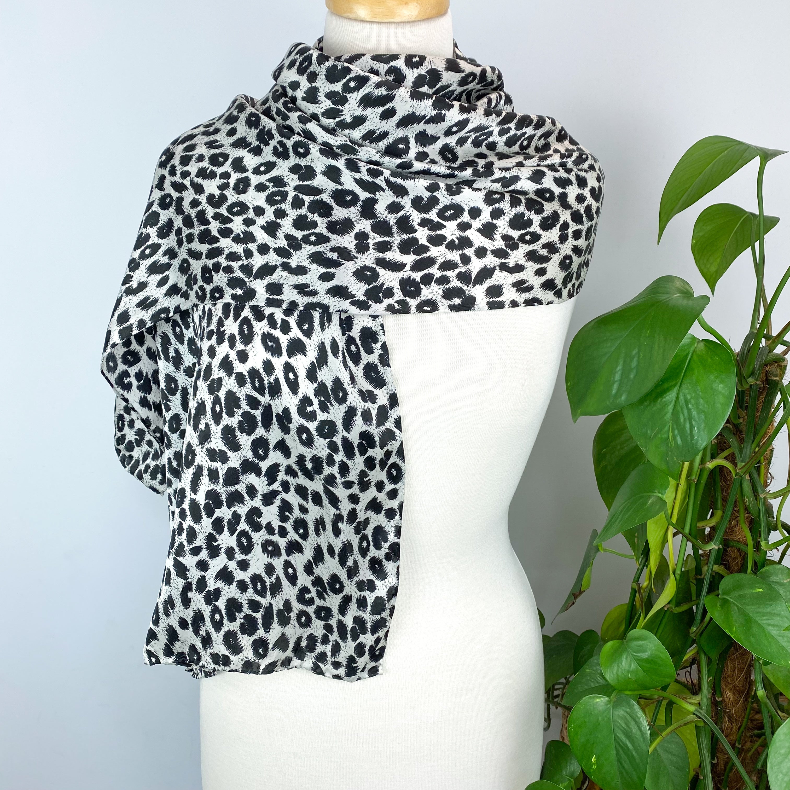 Monotone Animal Print Long Silk Scarf