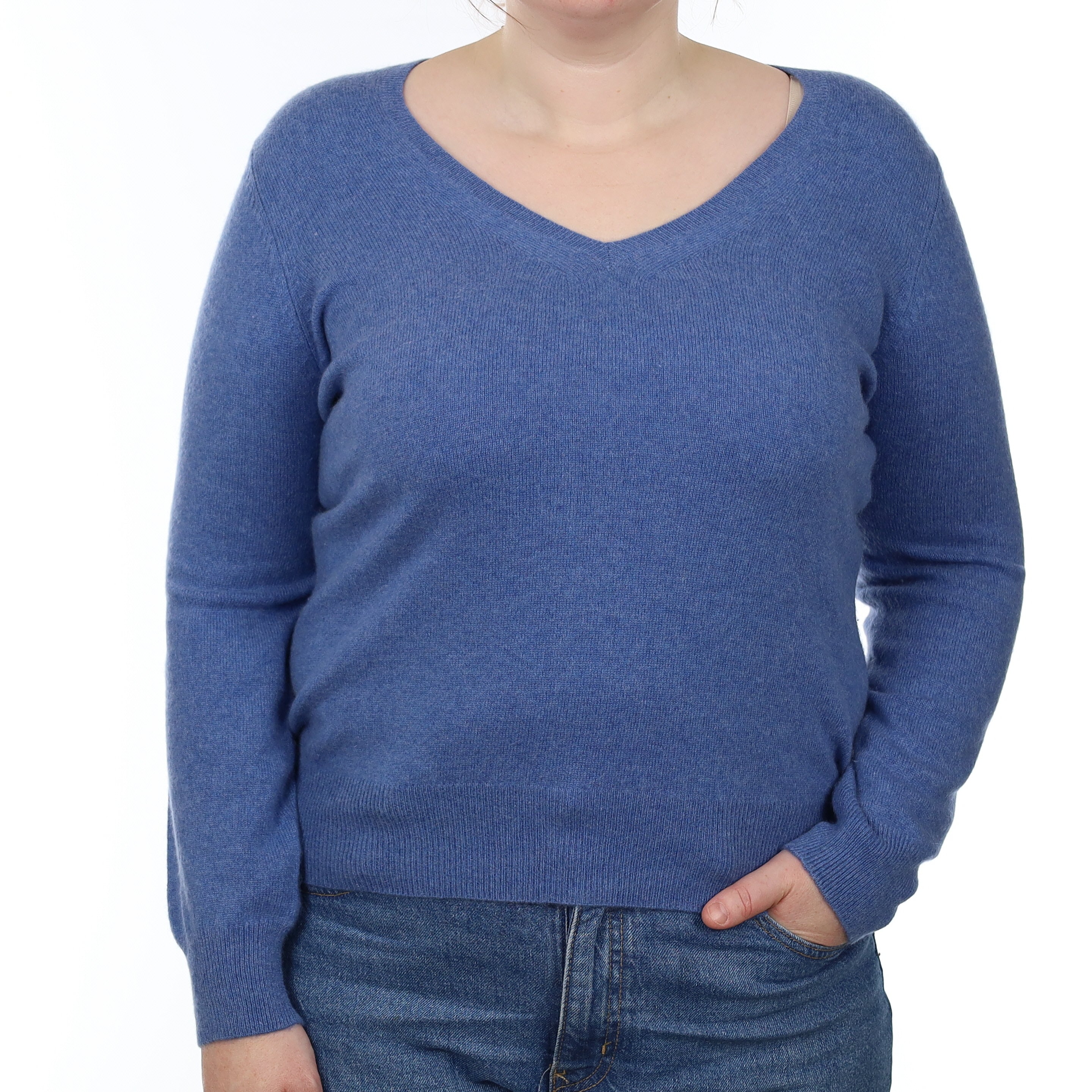 Denim Blue Cashmere V Neck Jumper Large