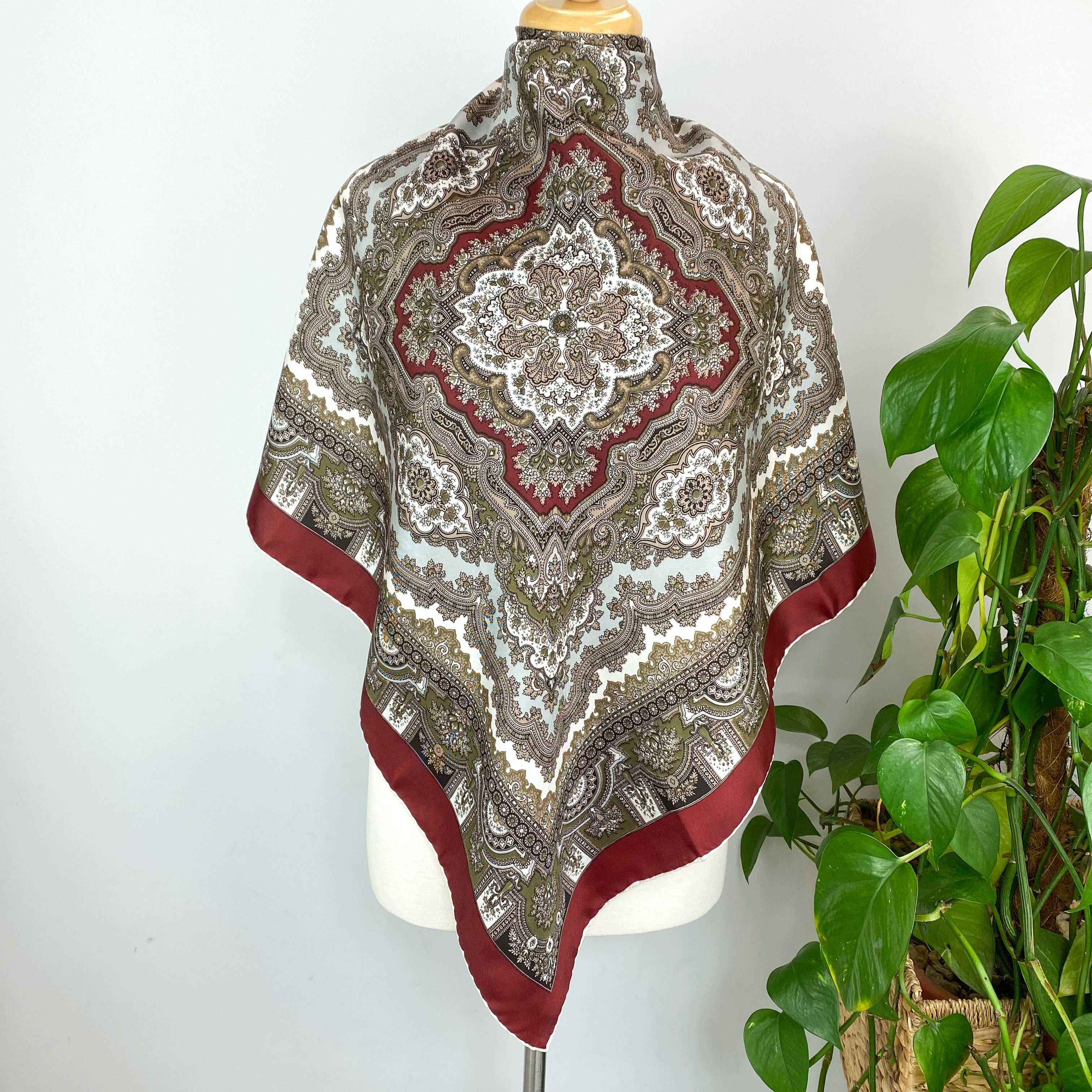 Vintage Italian Khaki Patterned Silk Scarf