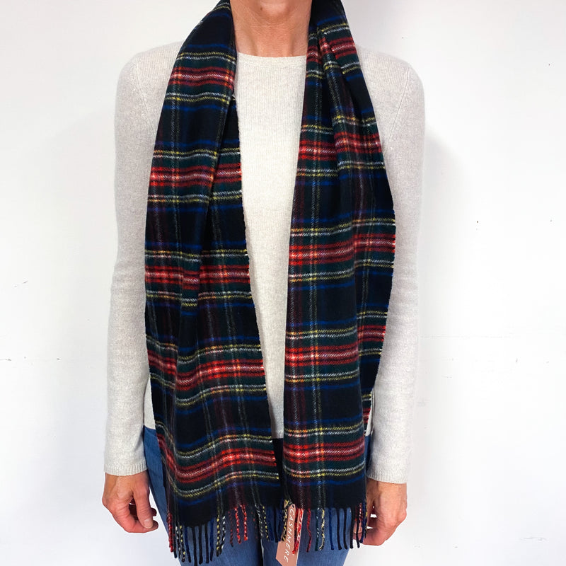 Navy and Red Tartan Fringed Cashmere Woven Scarf