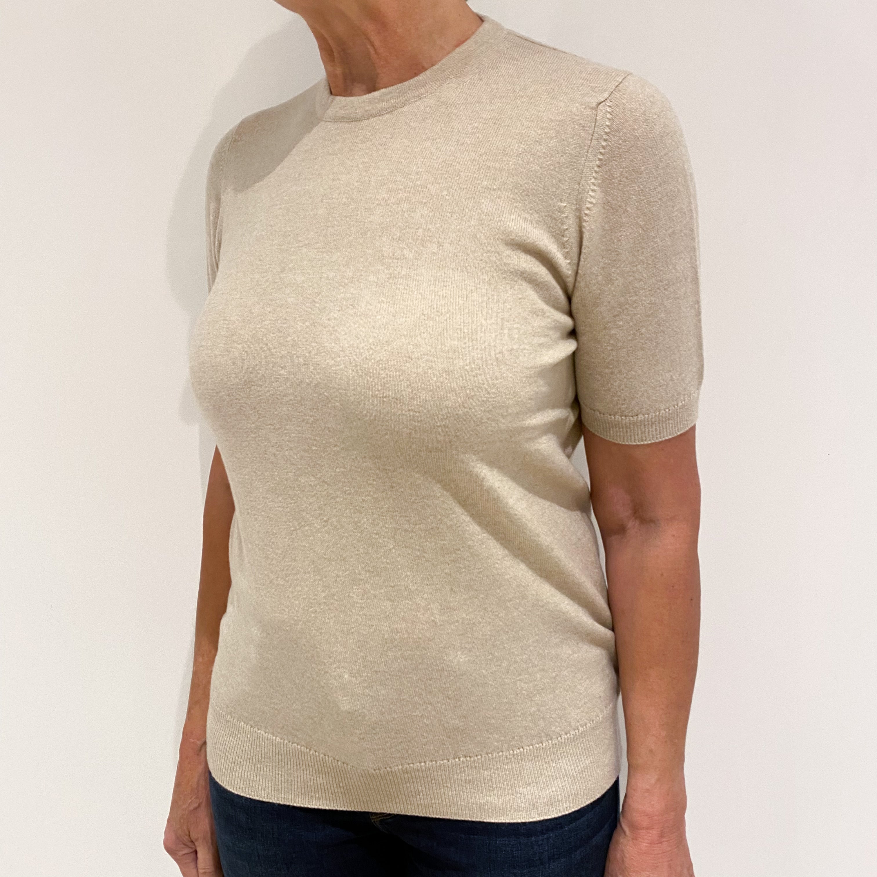 Brand New Scottish Sand Beige Short Sleeved Cashmere Crew Neck Jumper XS
