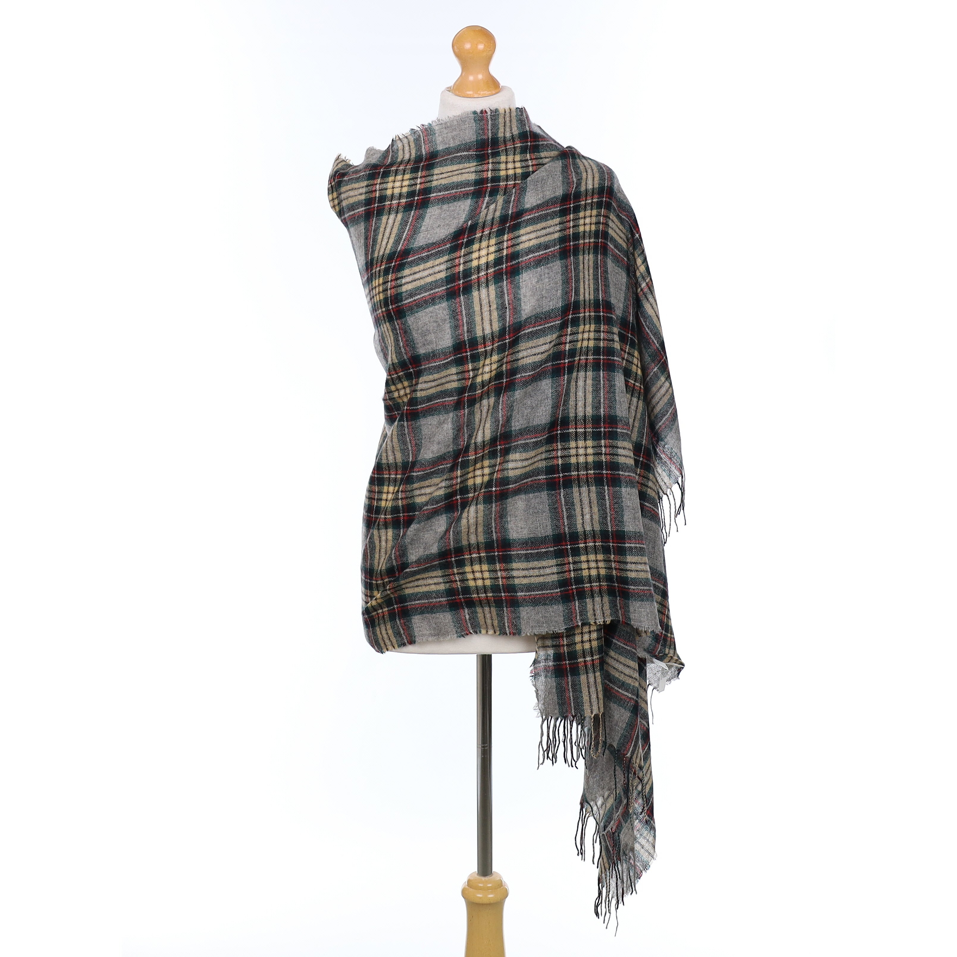 Grey and Beige Tartan Cashmere Fine Woven Pashmina Shawl