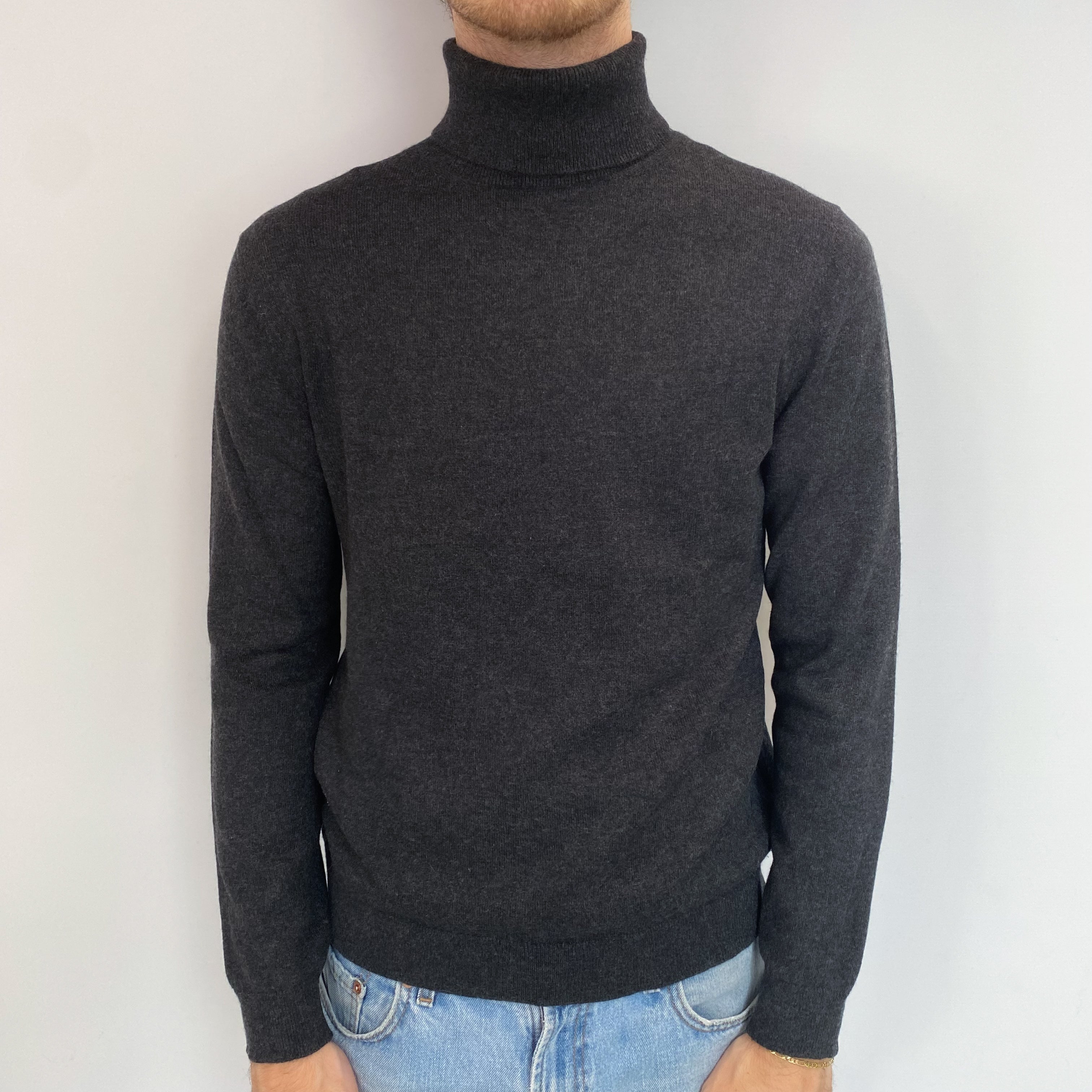 Men's Charcoal Grey Cashmere Polo Neck Jumper Medium