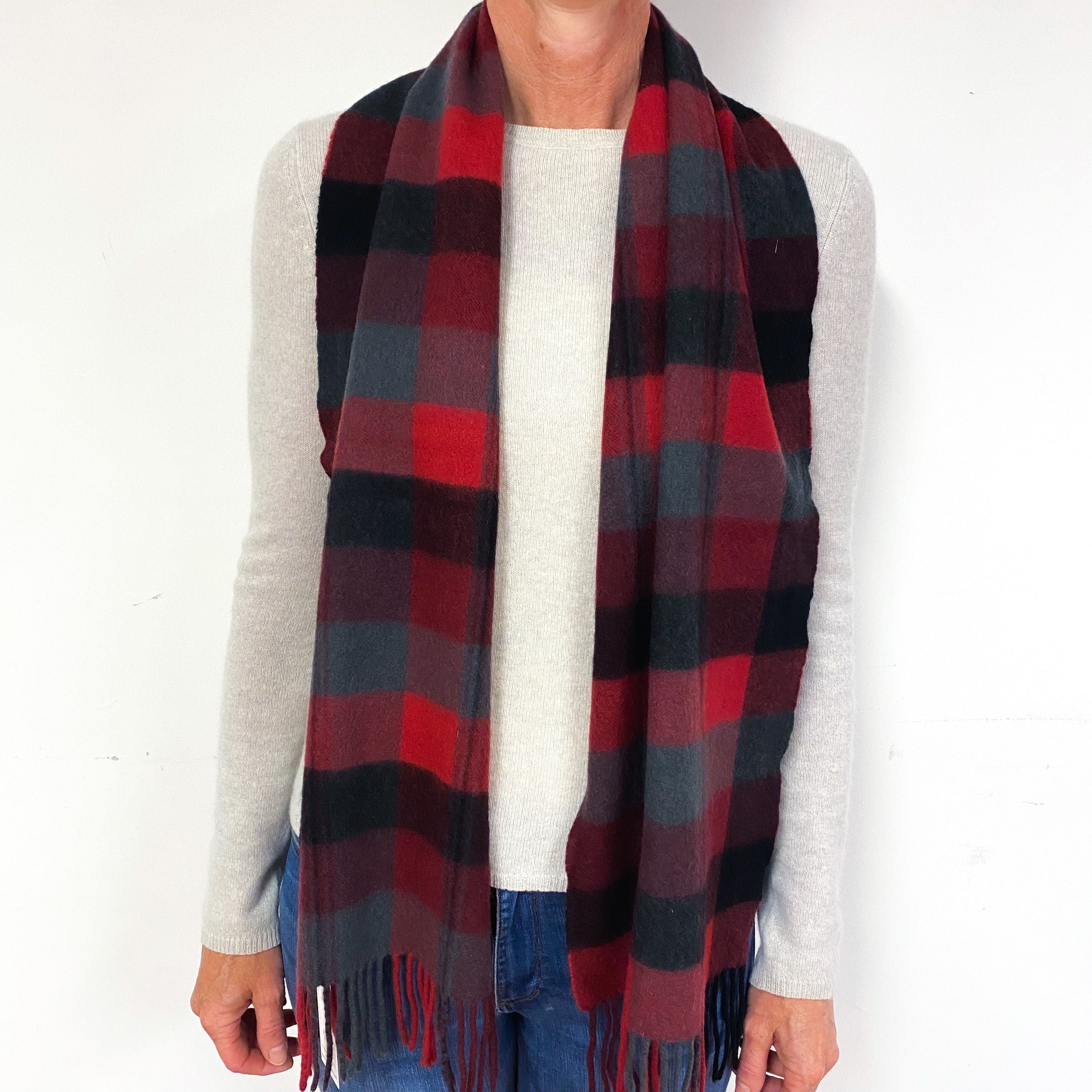 Red, Black and Grey Checked Cashmere Fringed Woven Scarf