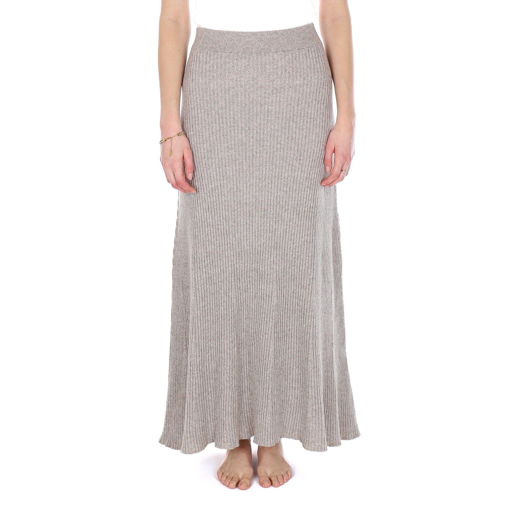 Brand New Scottish Fawn Marl Rib Cashmere Long A Line Skirt Small