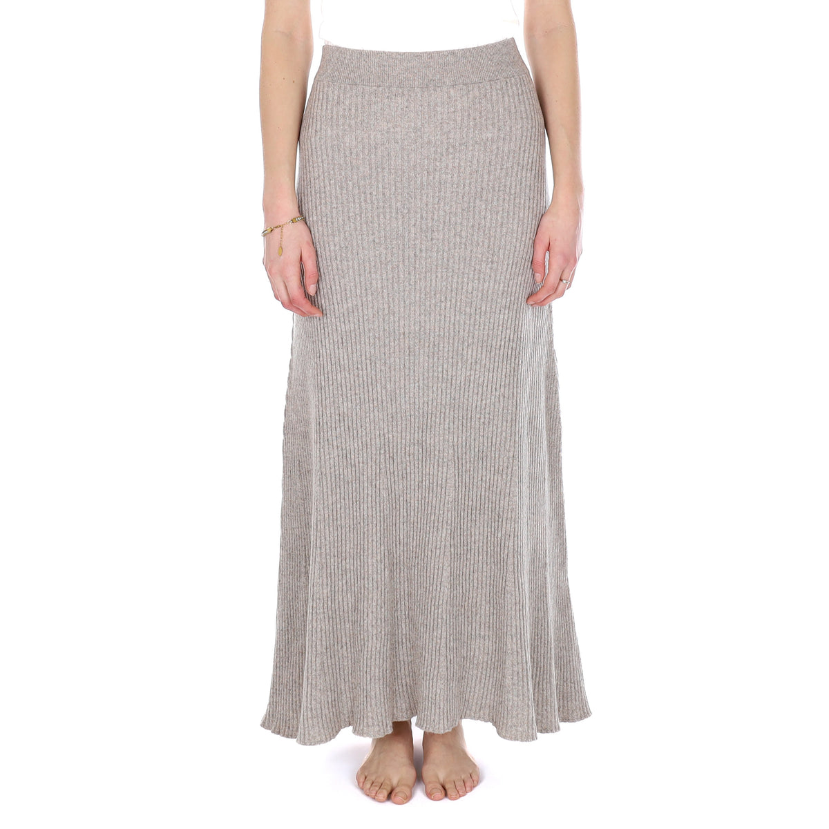 Brand New Scottish Fawn Marl Rib Cashmere Long A Line Skirt Small