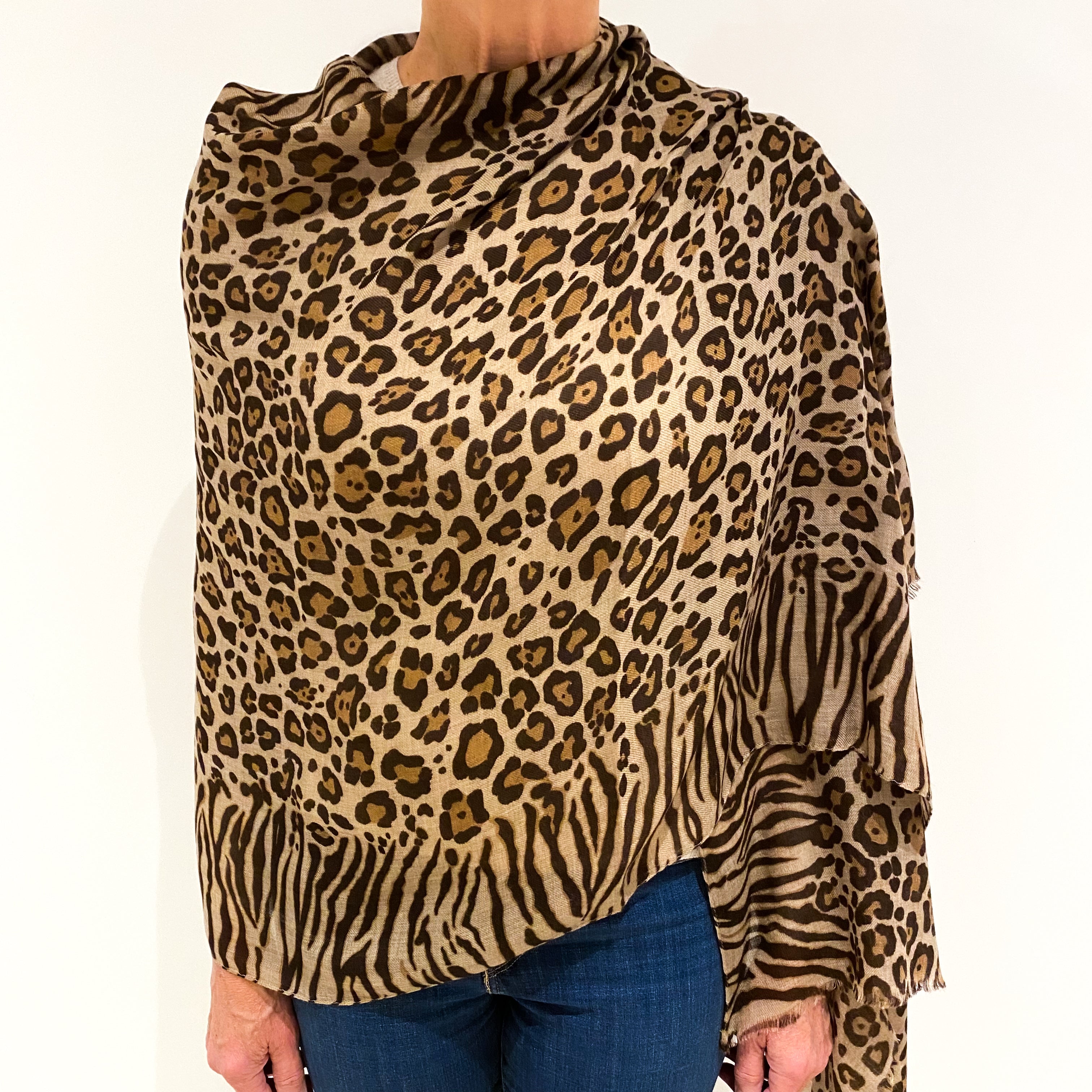 Mink and Chocolate Brown Animal Print Cashmere Pashmina Scarf