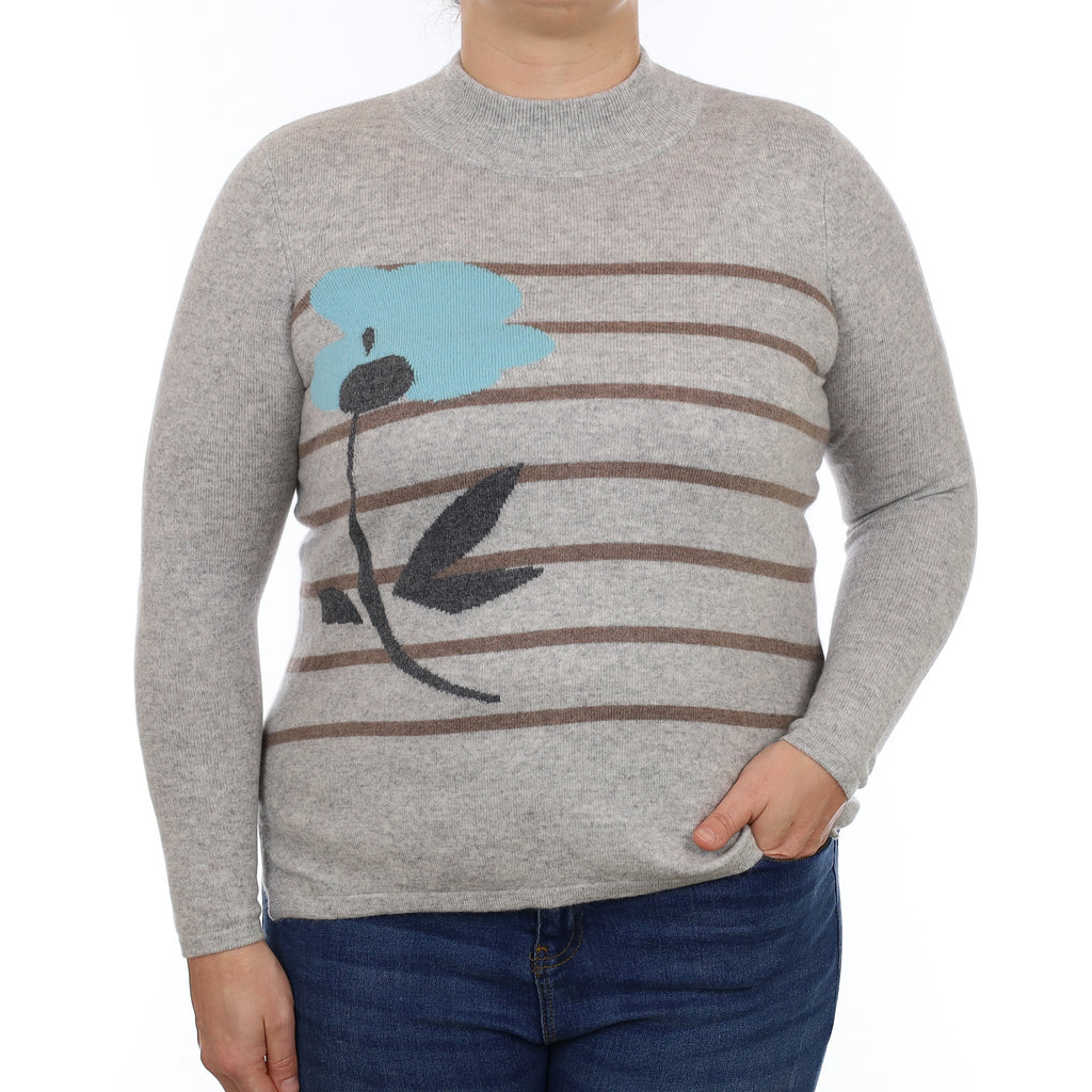 Smoke Grey Flower Design Cashmere Turtle Neck Jumper Large