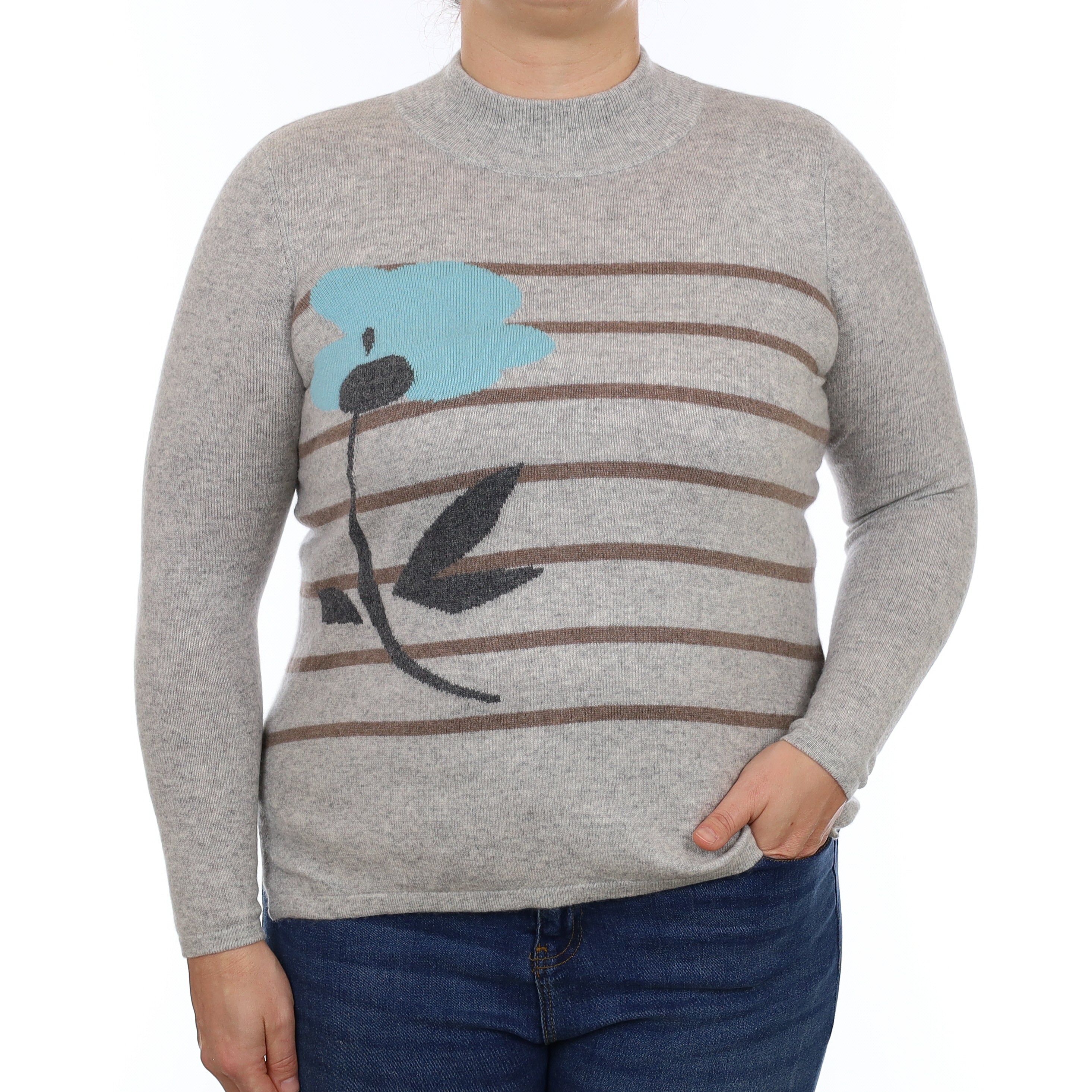 Smoke Grey Flower Design Cashmere Turtle Neck Jumper Large