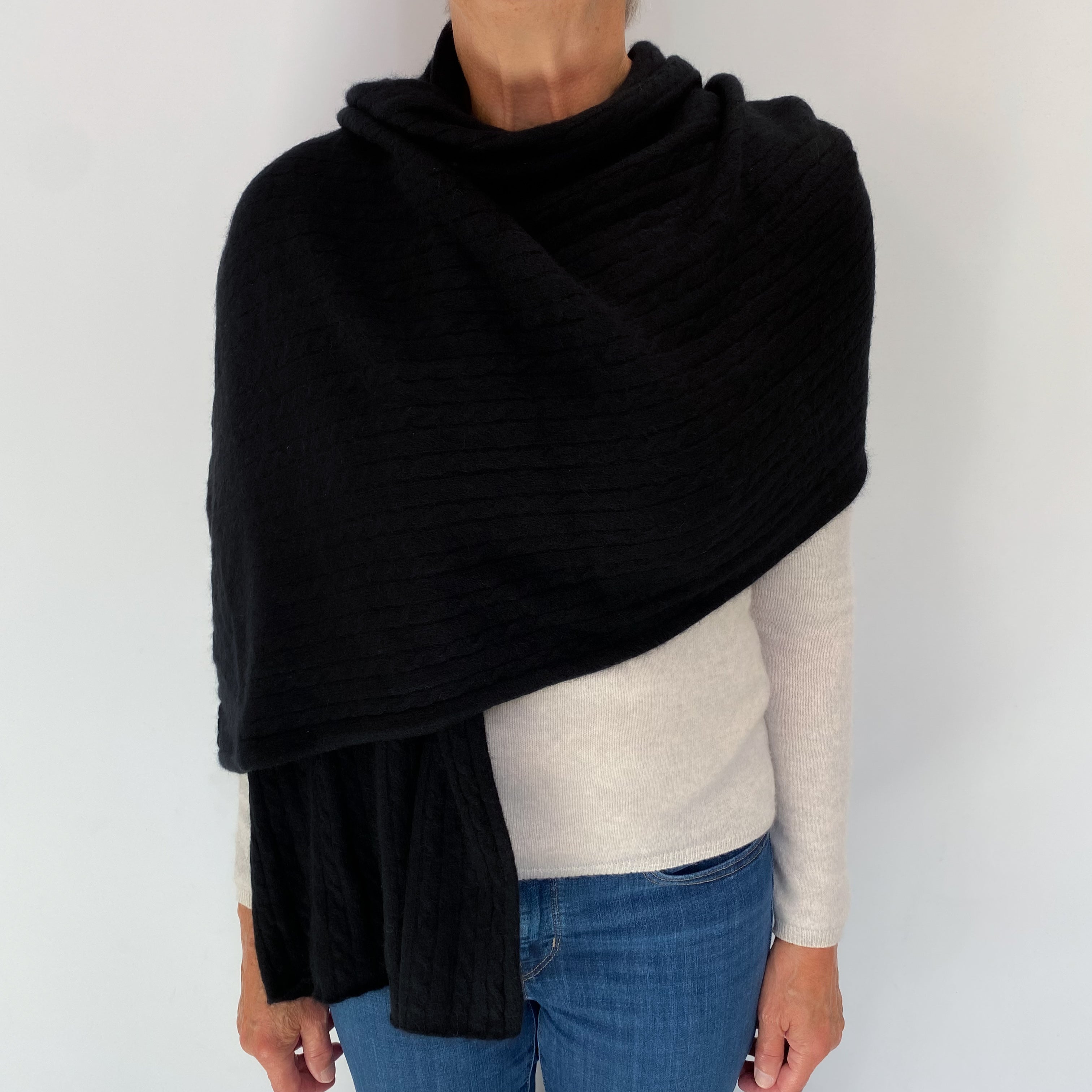 Black Cashmere Cable Knit Woven Wrap