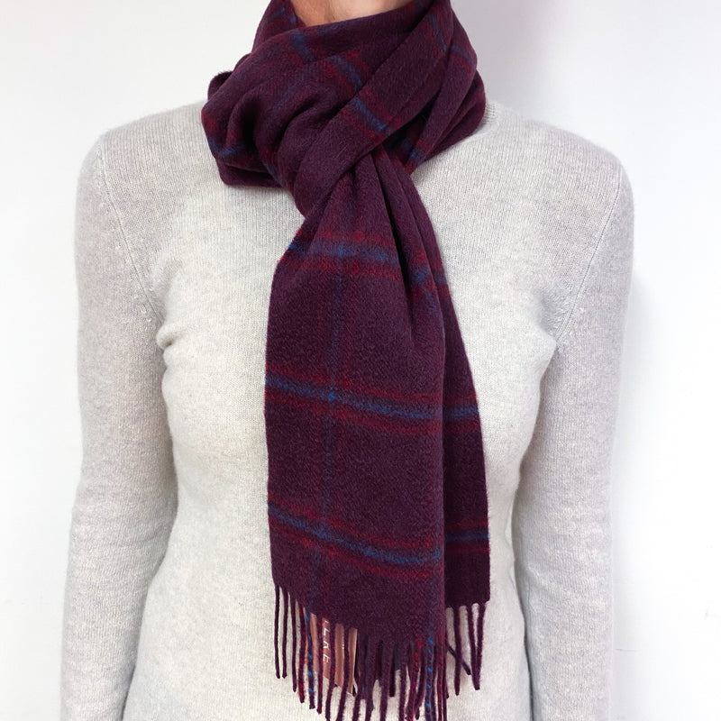 Plum Purple Checked Fringed Cashmere Woven Scarf