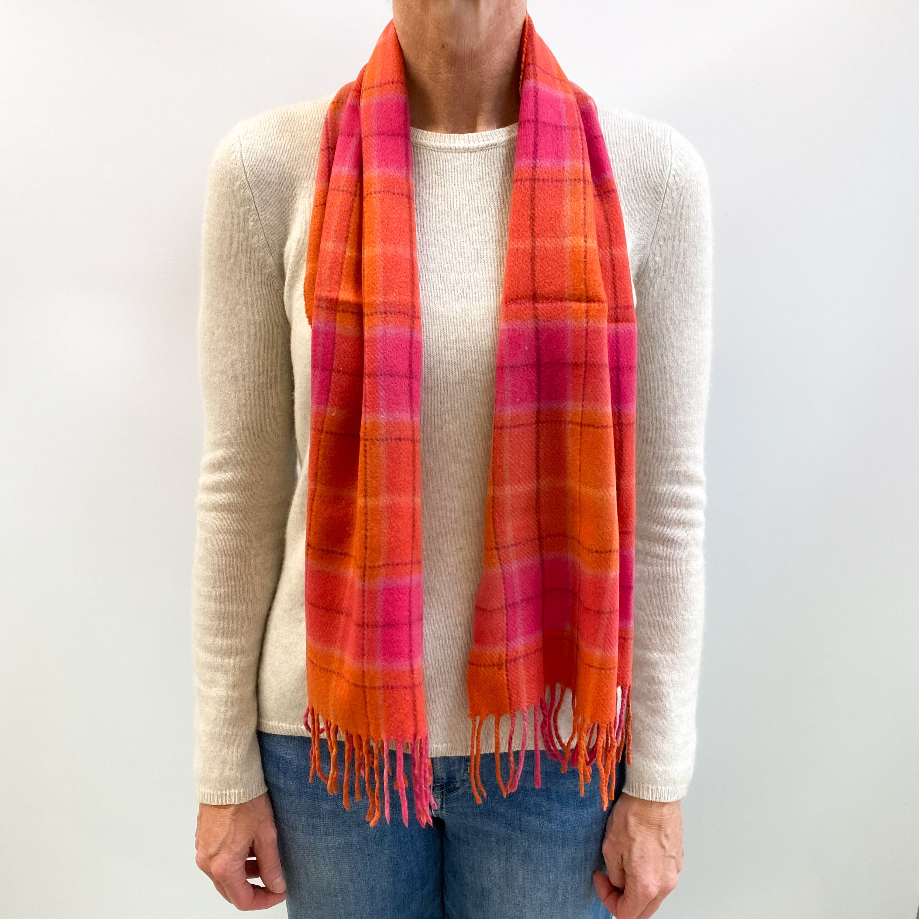 Orange and Pink Fringed Checked Cashmere Woven Scarf