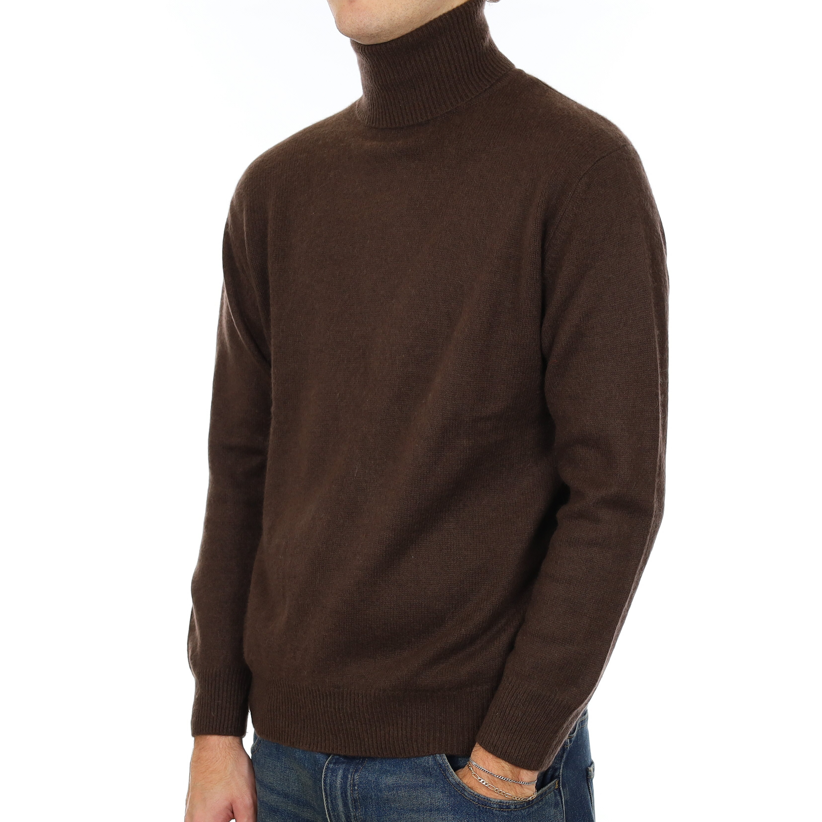 Men’s Chocolate Brown Heavy Knit Cashmere Polo Neck Jumper Medium