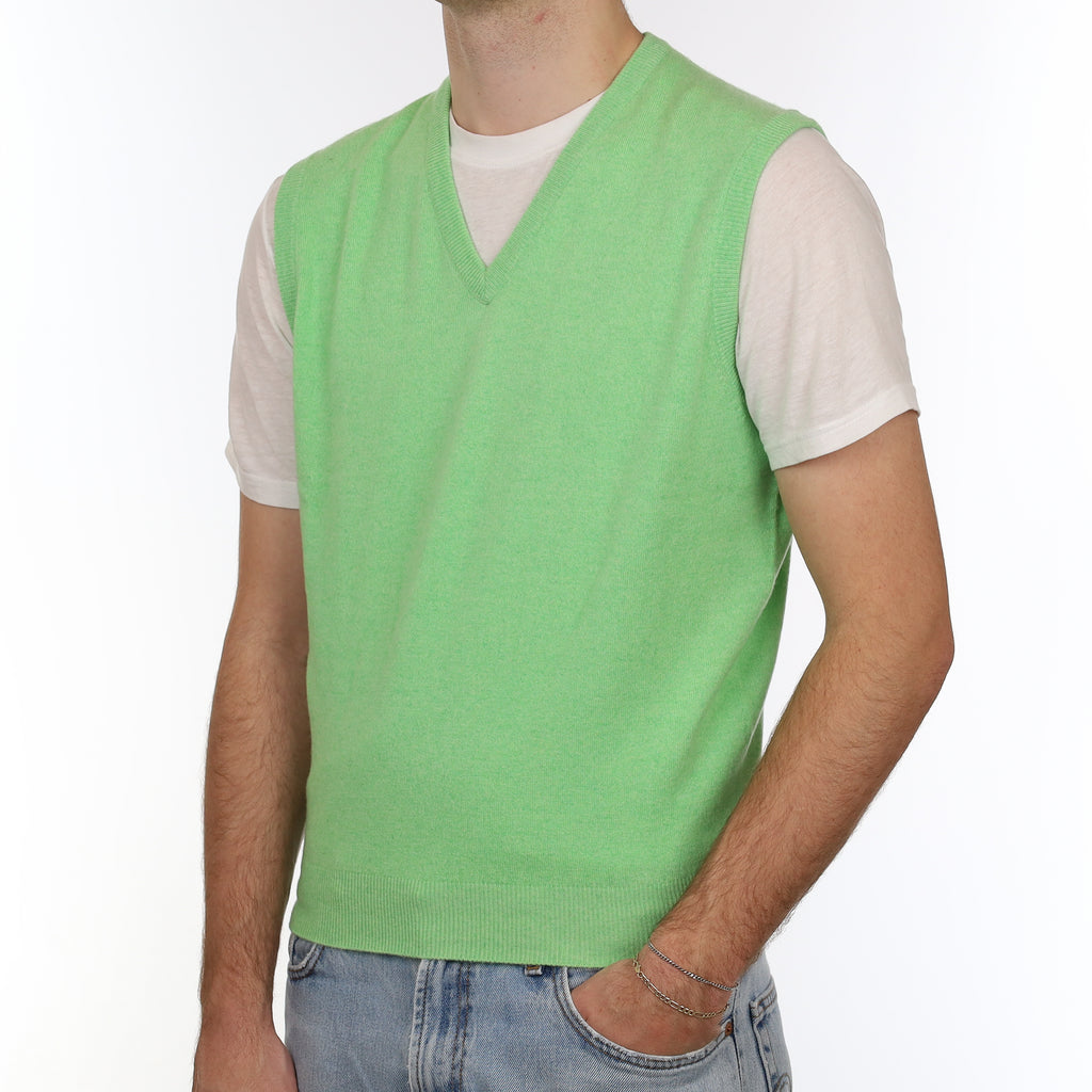 Men's Brand New Scottish Neon Green Cashmere V Neck Tank Top Medium