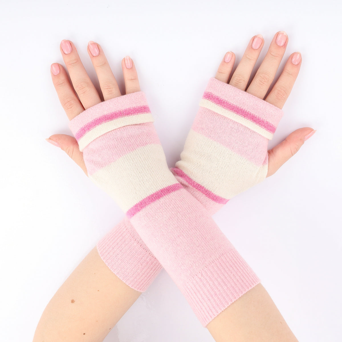 Pale Pink & Cream Striped Fingerless Gloves