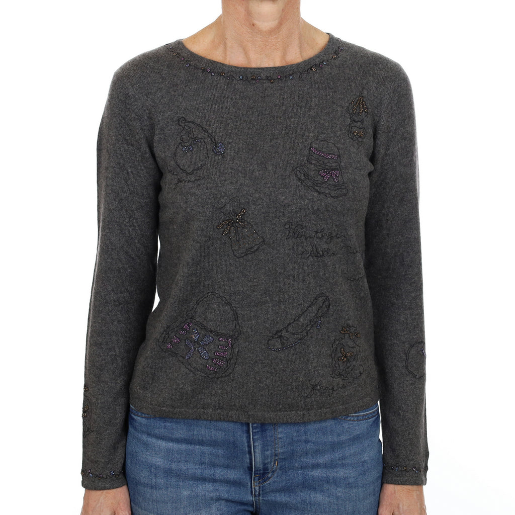 Ash Grey Beaded Cashmere Crew Neck Jumper Small