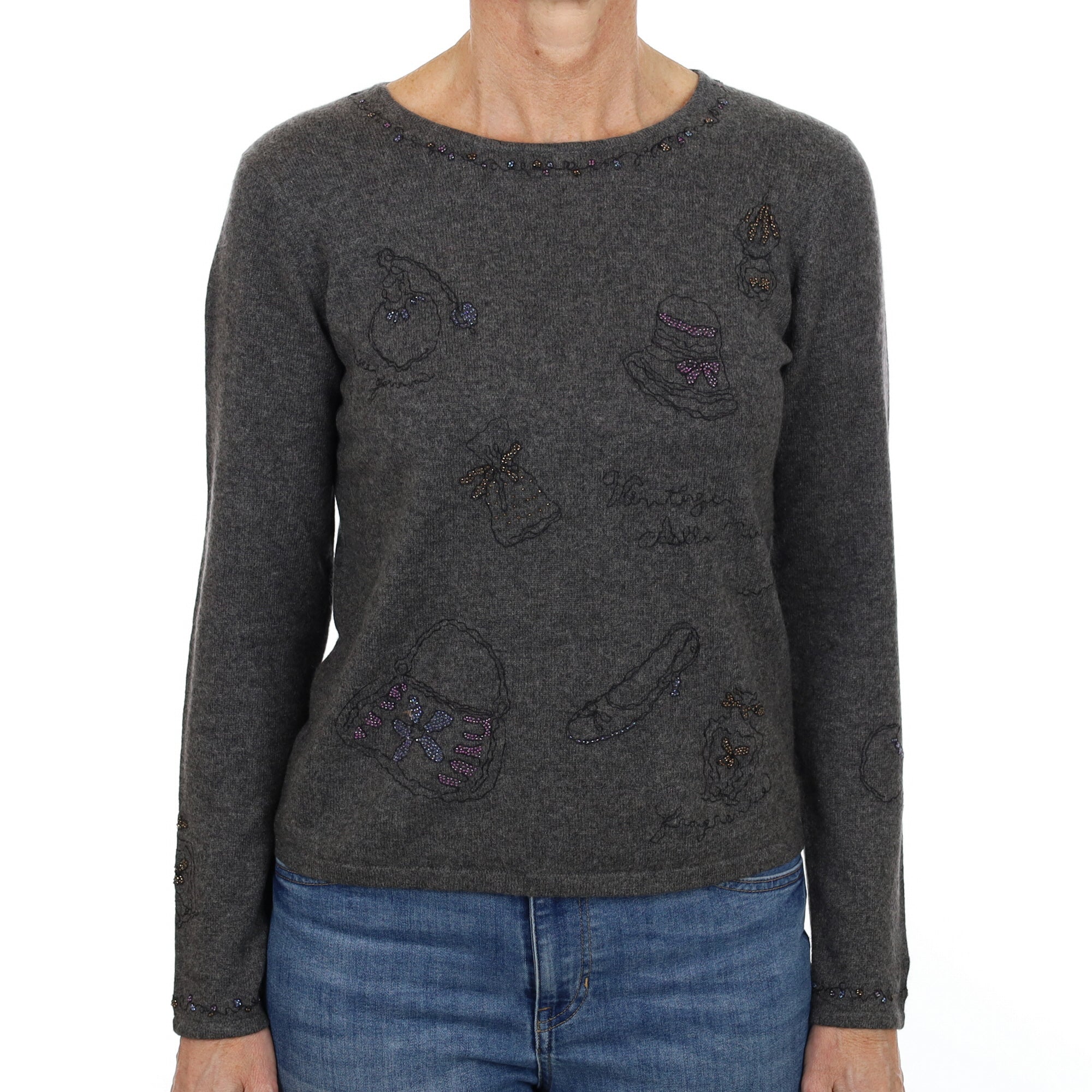 Ash Grey Beaded Cashmere Crew Neck Jumper Small