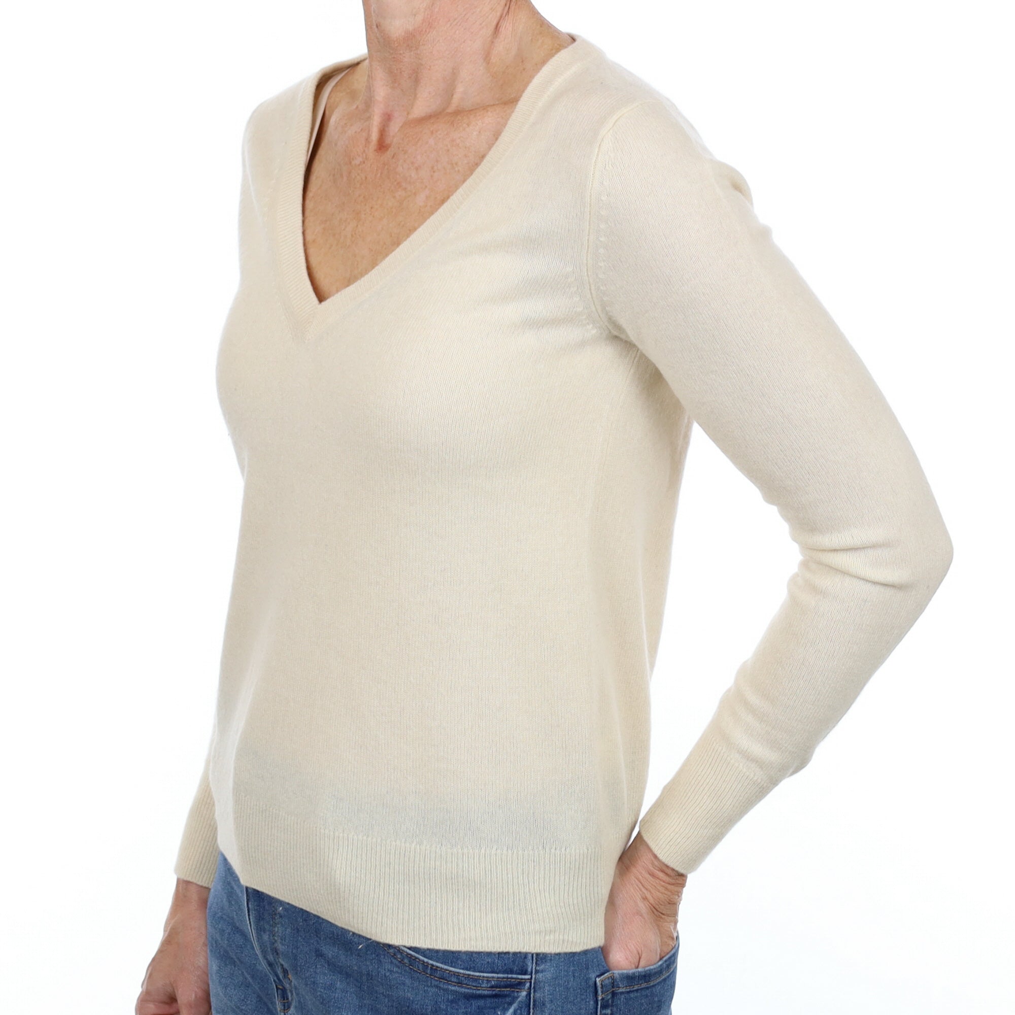 Vanilla Cream Cashmere V Neck Jumper Small