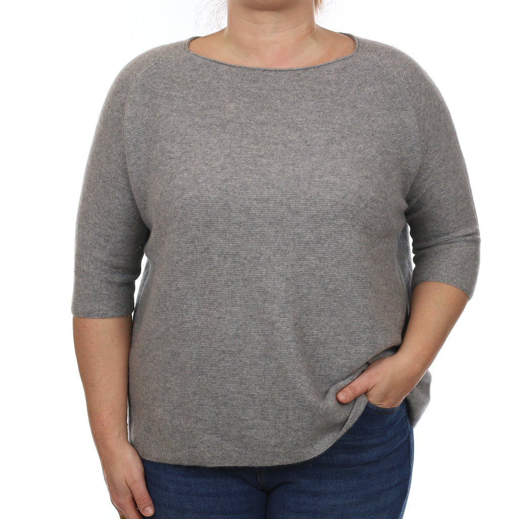 Ash Grey Textured Cashmere Boxy Scoop Neck Jumper Large