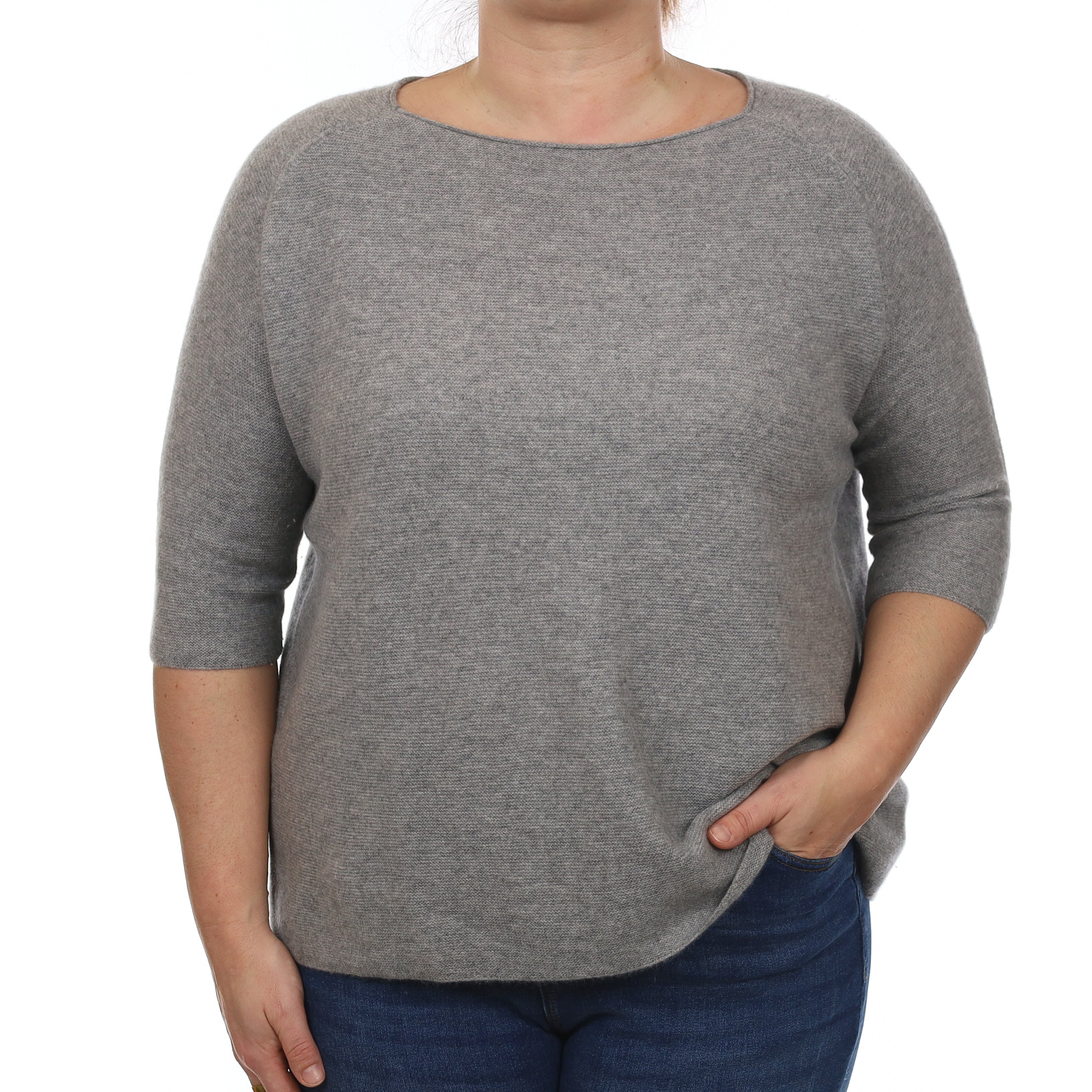 Ash Grey Textured Cashmere Boxy Scoop Neck Jumper Large