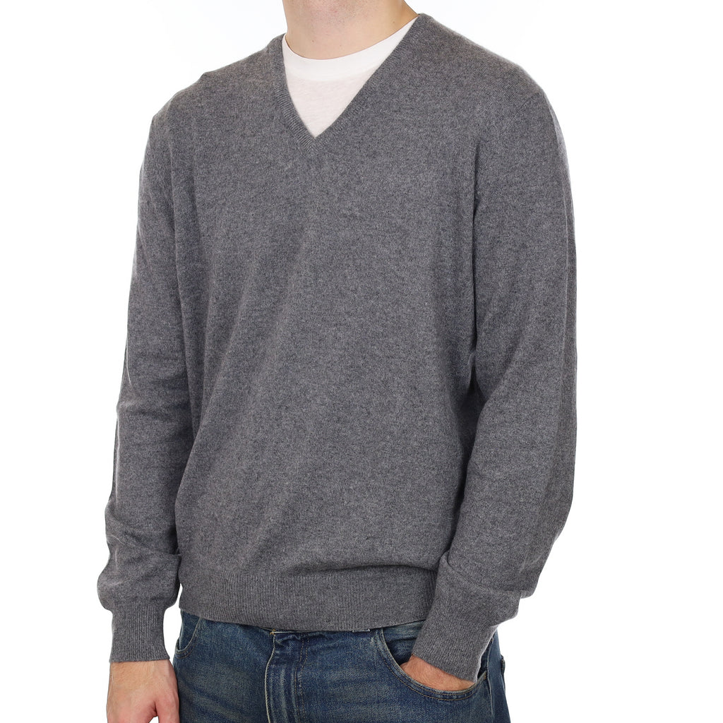 Men’s Italian Gran Sasso Slate Grey Cashmere V Neck Jumper Large