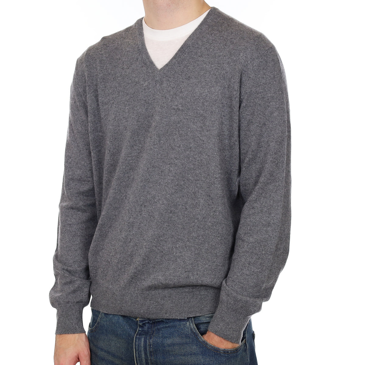Men’s Italian Gran Sasso Slate Grey Cashmere V Neck Jumper Large