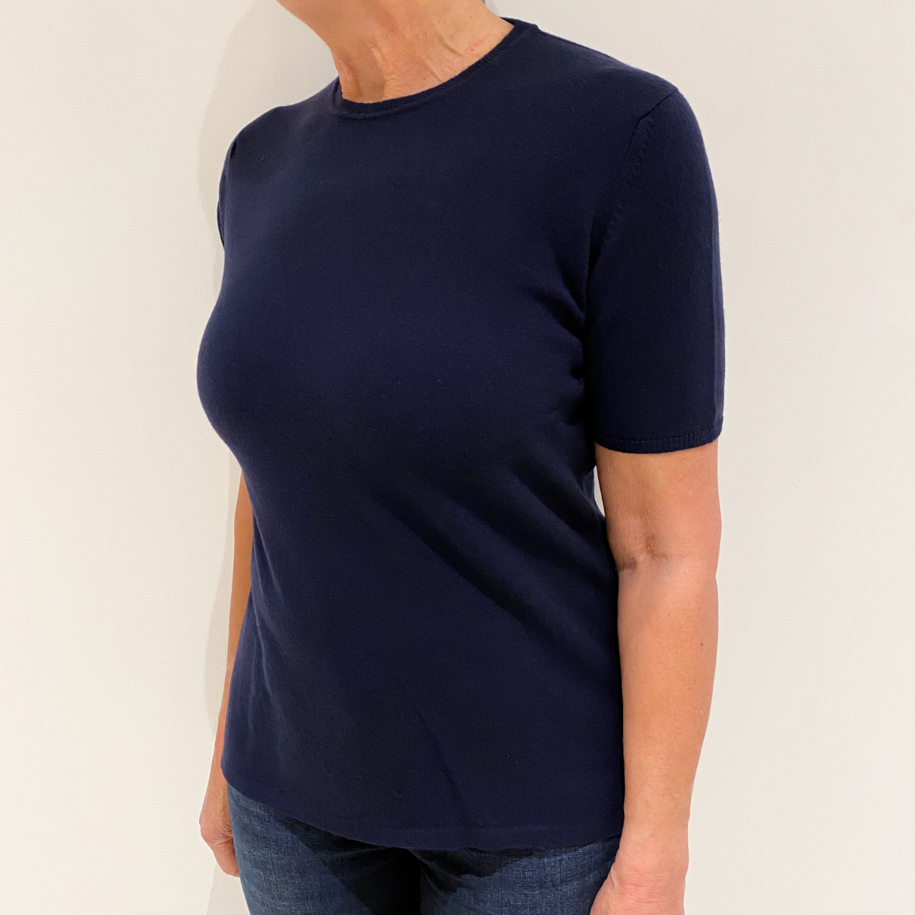 Brand New Scottish Navy Blue Short Sleeved Cashmere Crew Neck Jumper XS