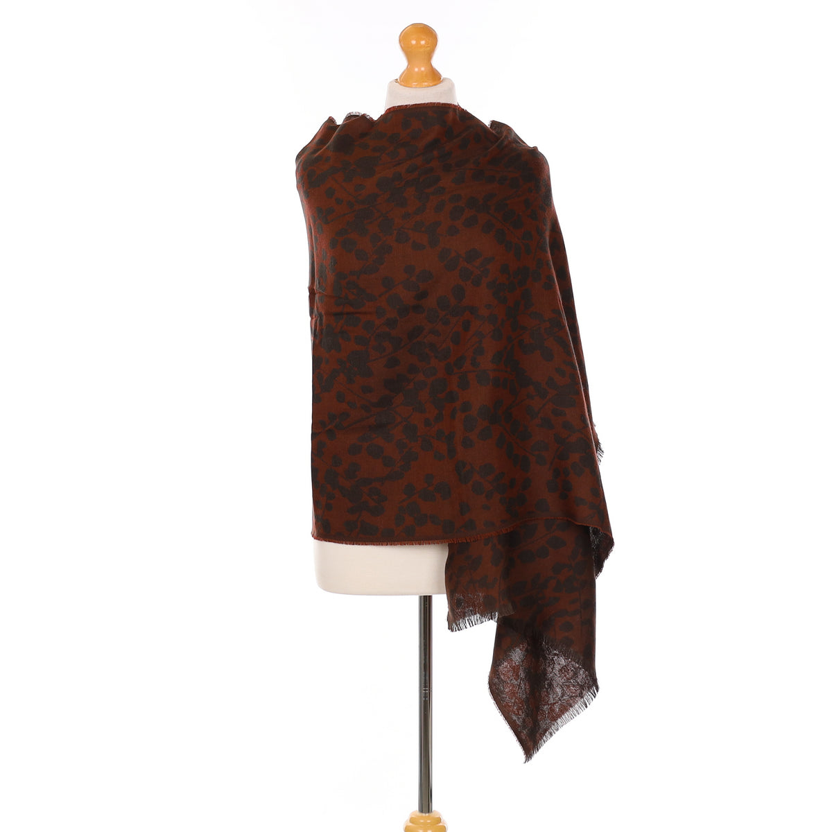 Brand New Begg & Co Rust and Dark Chocolate Floral Cashmere Blend Woven Wrap