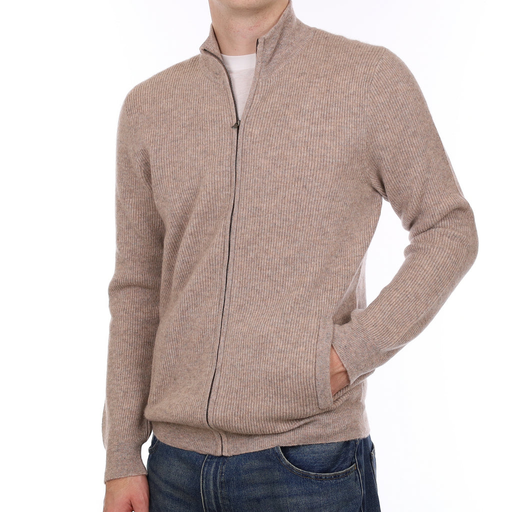 Men’s Brand New Scottish Fawn Marl Rib Cashmere Zip Up Cardigan with Pockets Large